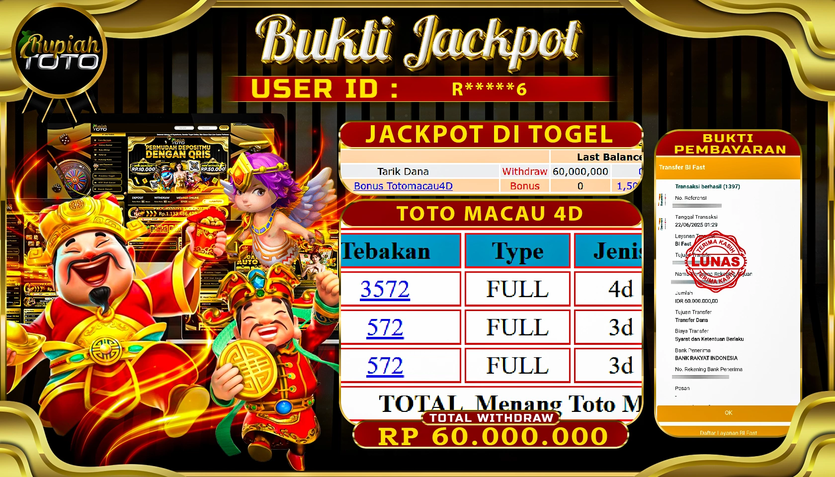 RUPIAHTOTO JACKPOT DI TOGEL PASARAN TOTOMACAU 4D RP 60.000.000 JUTA RUPIAH LUNAS
