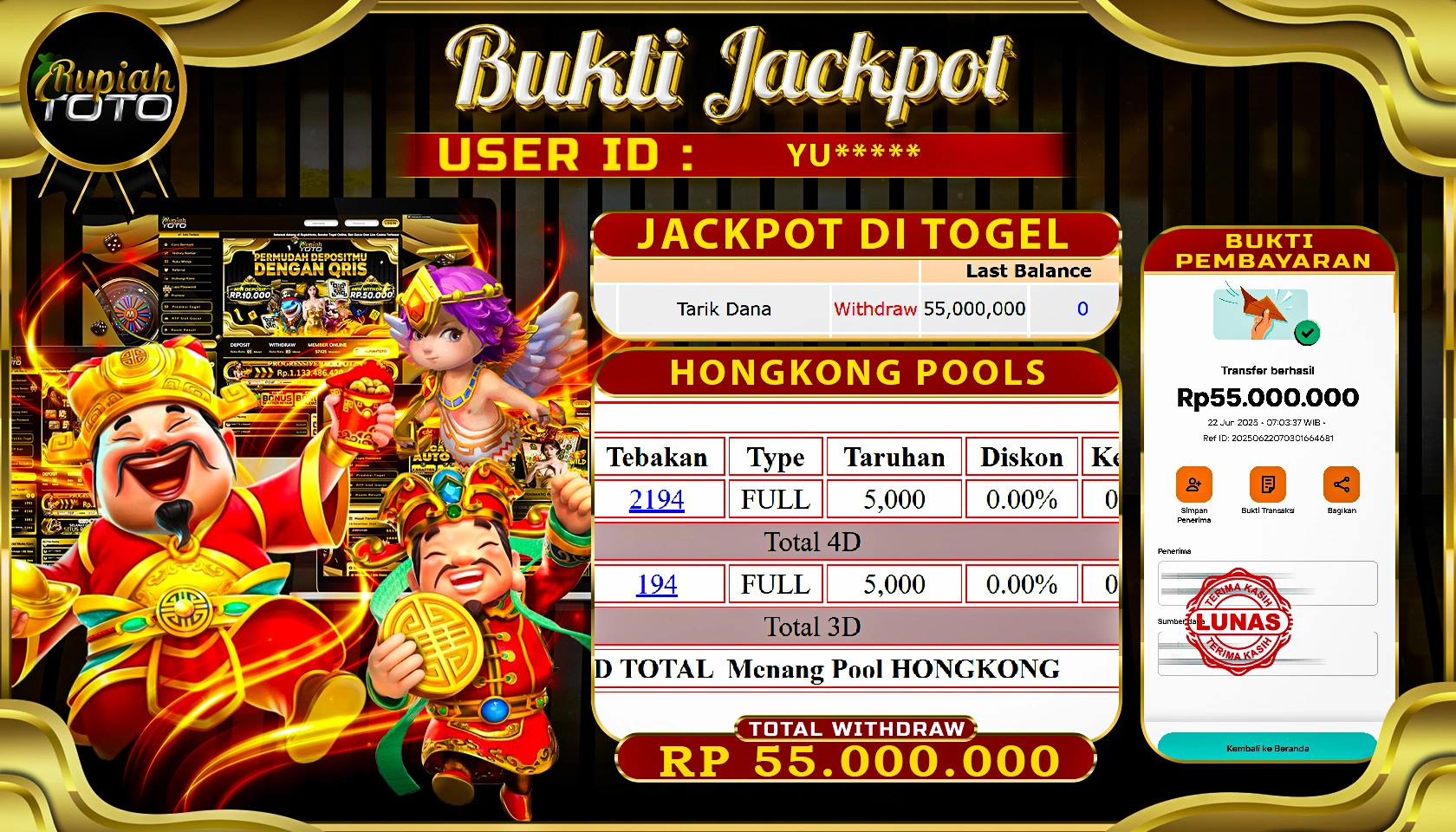 RUPIAHTOTO JACKPOT DI TOGEL PASARAN HONGKONG LOTTO RP 55.000.000 JUTA RUPIAH LUNAS