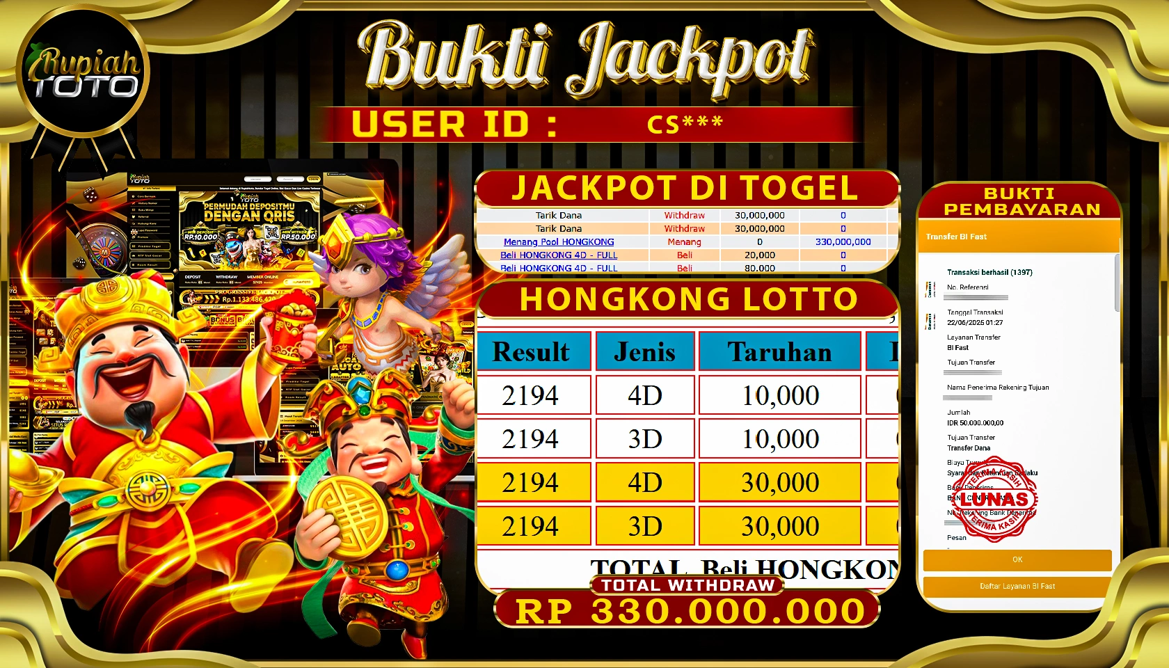 RUPIAHTOTO JACKPOT DI TOGEL PASARAN HONGKONG LOTTO RP 330.000.000 JUTA RUPIAH LUNAS