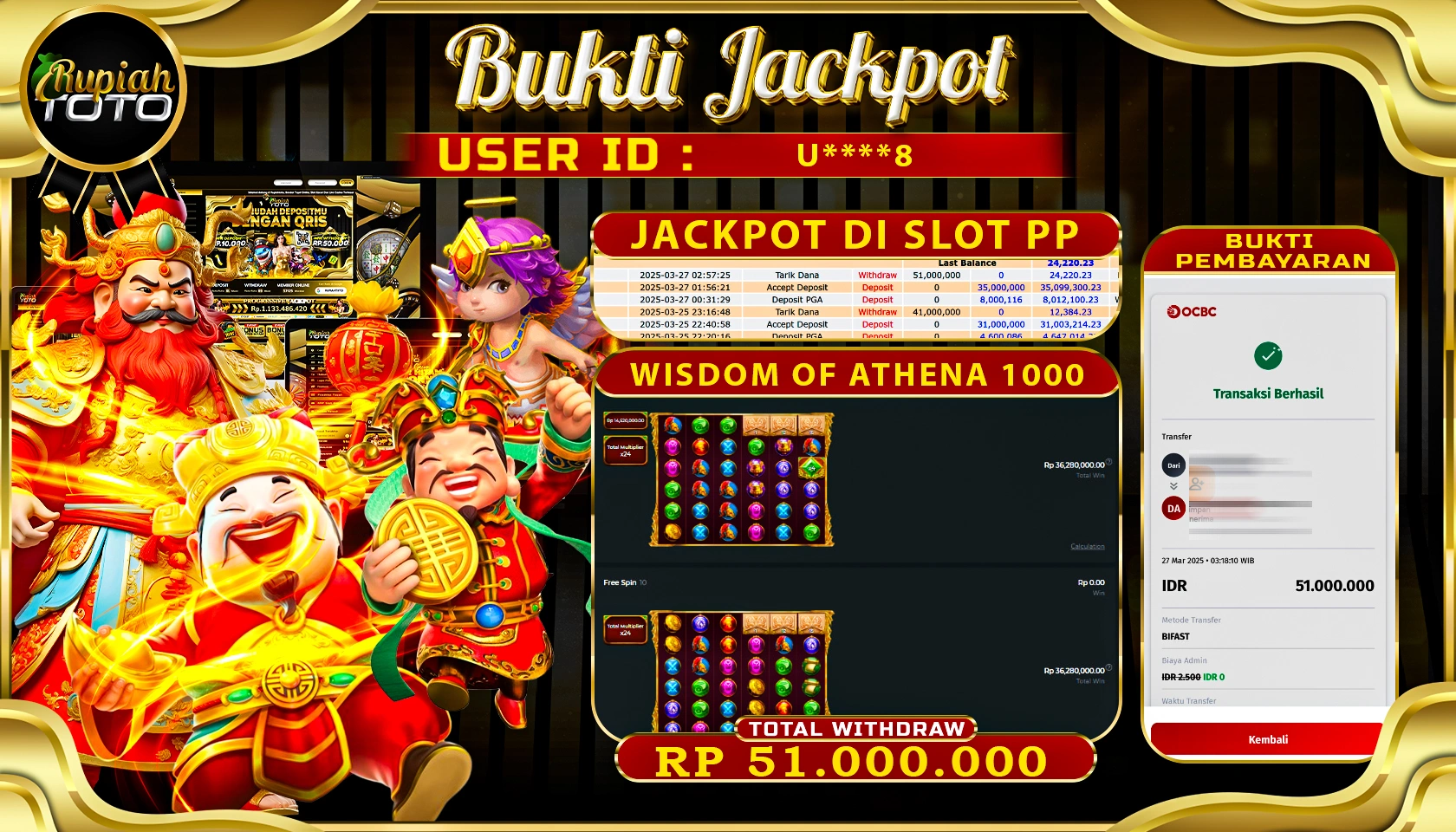 RUPIAHTOTO JACKPOT SLOT PRAGMATIC PLAY GAMES WISDOM OF ATHENA 1000 RP 51.000.000 JUTA RUPIAH LUNAS