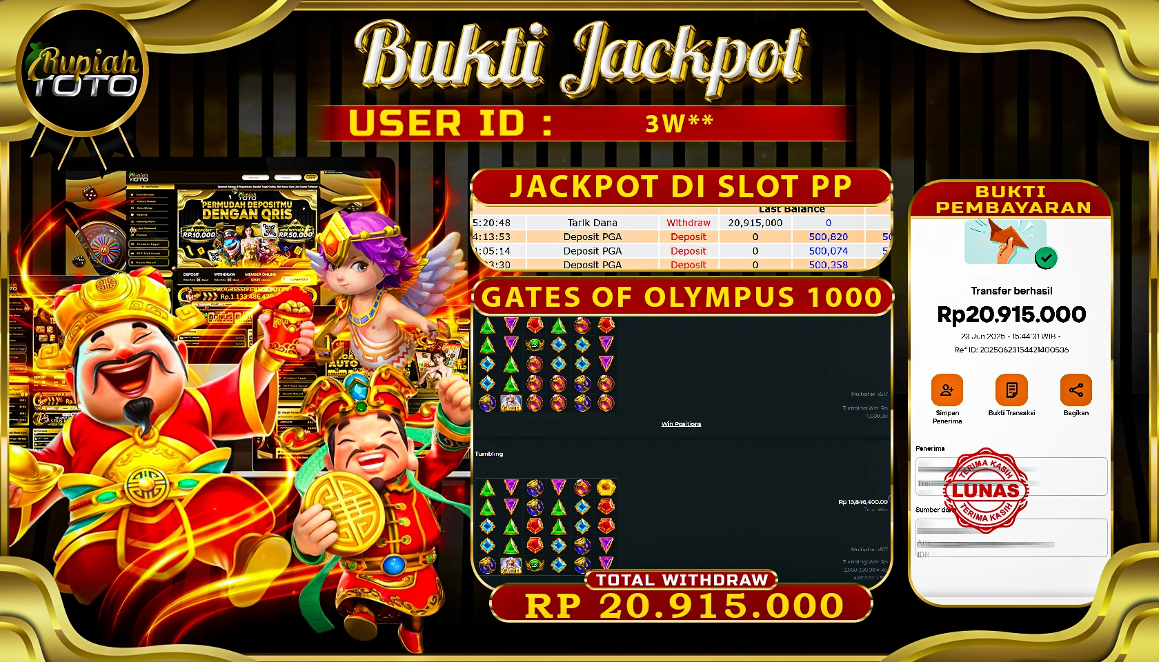 RUPIAHTOTO JACKPOT DI SLOT PRAGMATICPALY GAME GATES OF OLYMPUS 1000 RP 20.915.000 JUTA RUPIAH LUNAS