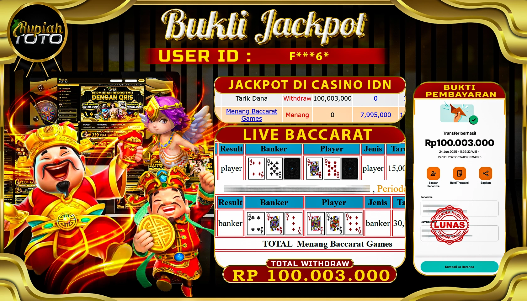 RUPIAHTOTO JACKPOT DI CASINO IDN GAME LIVE BACCARAT RP 100.003.000 JUTA RUPIAH LUNAS