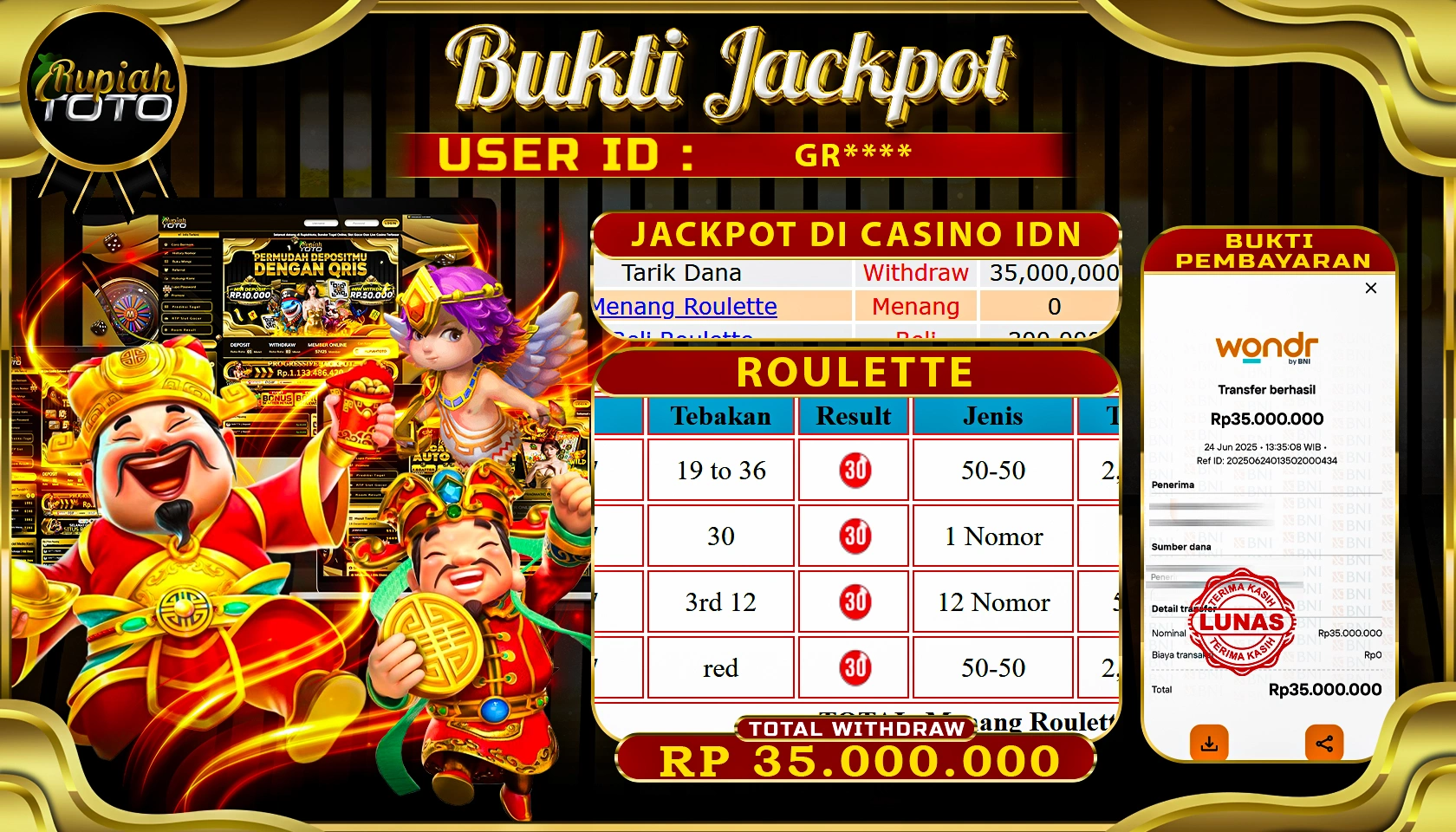 RUPIAHTOTO JACKPOT DI CASINO IDN GAME ROULETTE RP 35.000.000 JUTA RUPIAH LUNAS