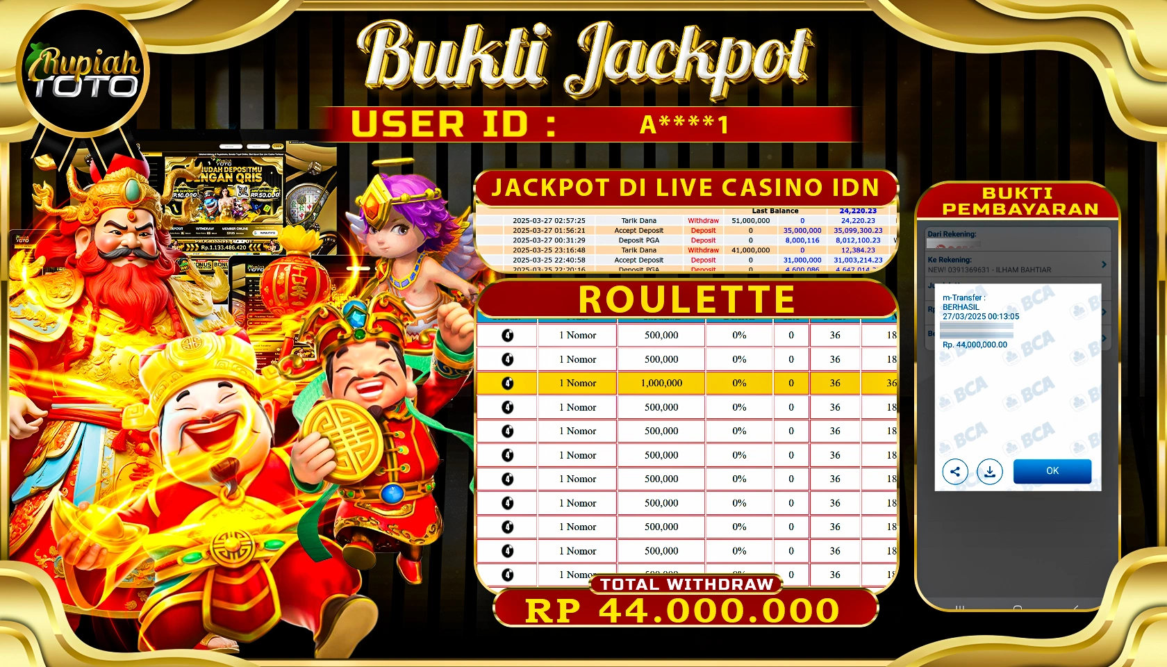 RUPIAHTOTO JACKPOT DI LIVE CASINO IDN GAMES ROULETTE RP 44.000.000 JUTA RUPIAH LUNAS