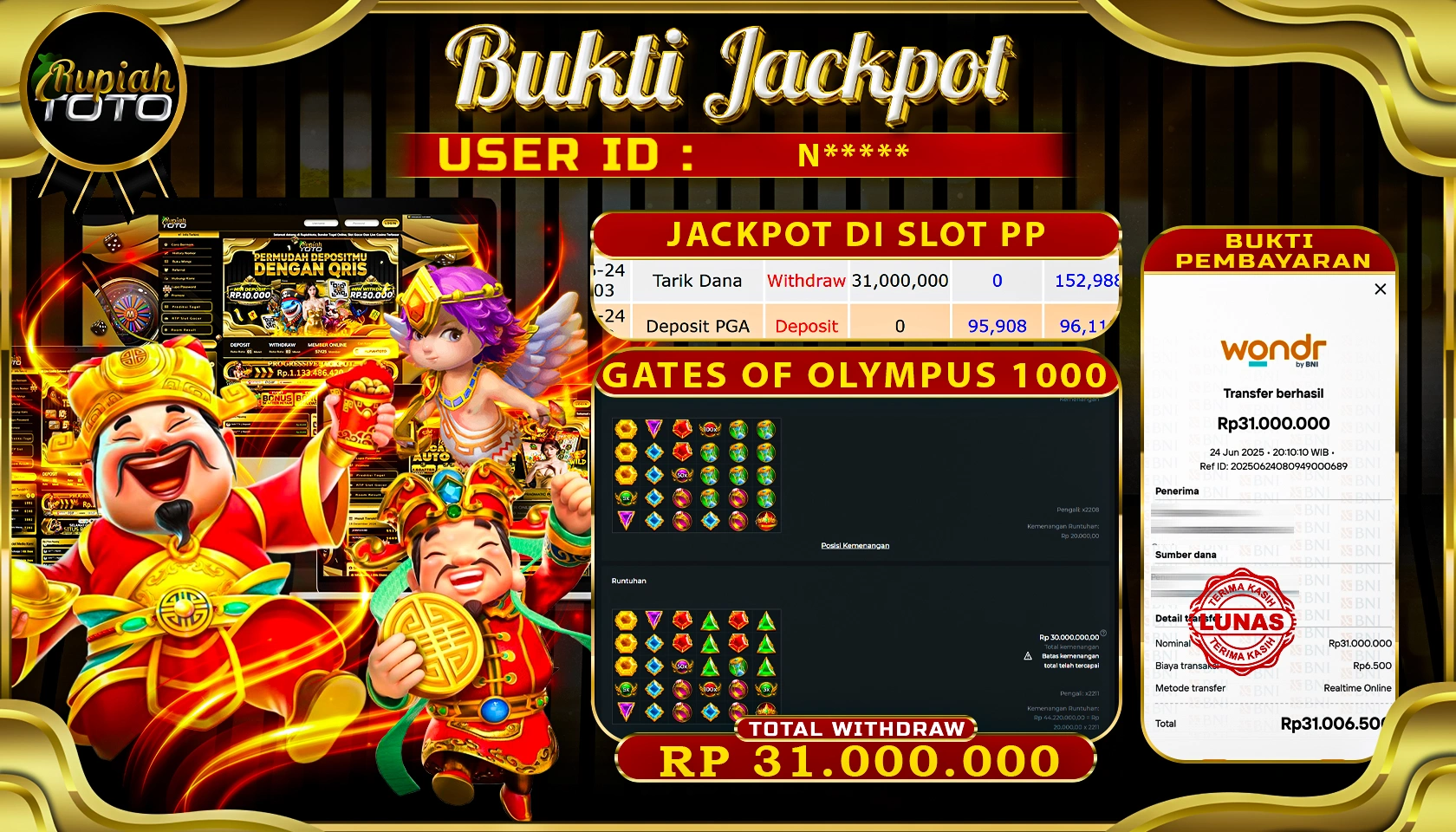 RUPIAHTOTO JACKPOT DI SLOT PRAGMATICPLAY GAME GATE OF OLYMPUS 1000 RP 31.000.000 JUTA RUPIAH LUNAS