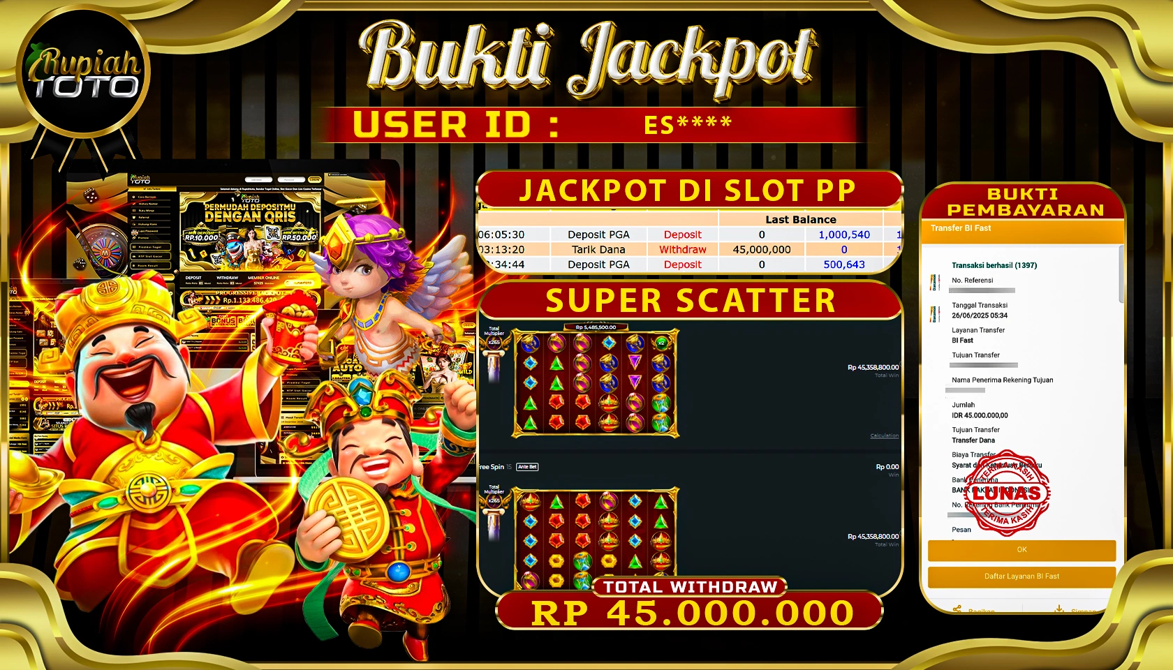 RUPIAHTOTO JACKPOT DI SLOT PRAGMATICPLAY GAME SUPER SCATTER RP 45.000.000 JUTA RUPIAH LUNAS