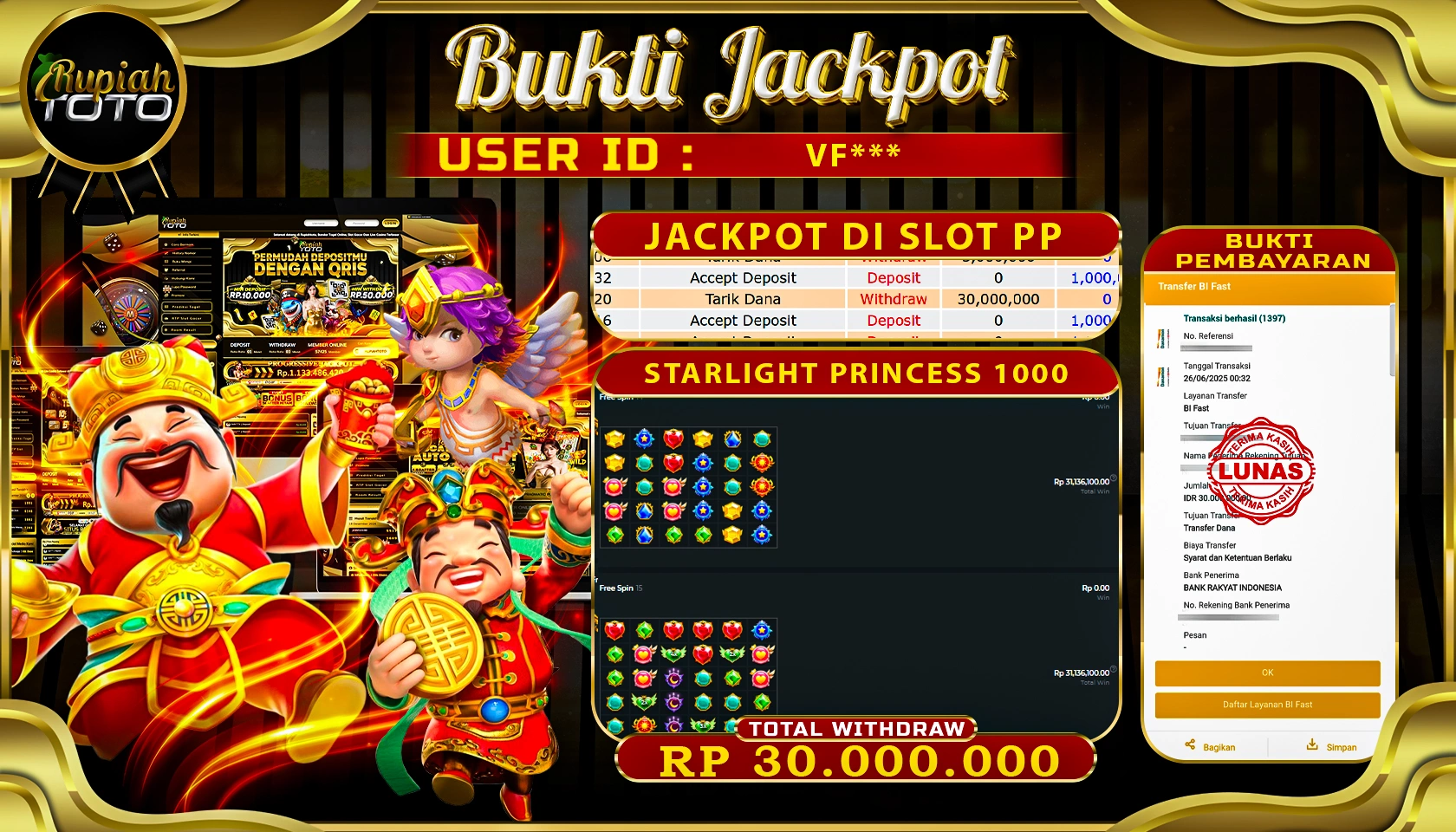 RUPIAHTOTO JACKPOT DI SLOT PRAGMATICPLAY GAME STARLIGHT PRINCESS 1000 RP 30.000.000 JUTA RUPIAH LUNAS