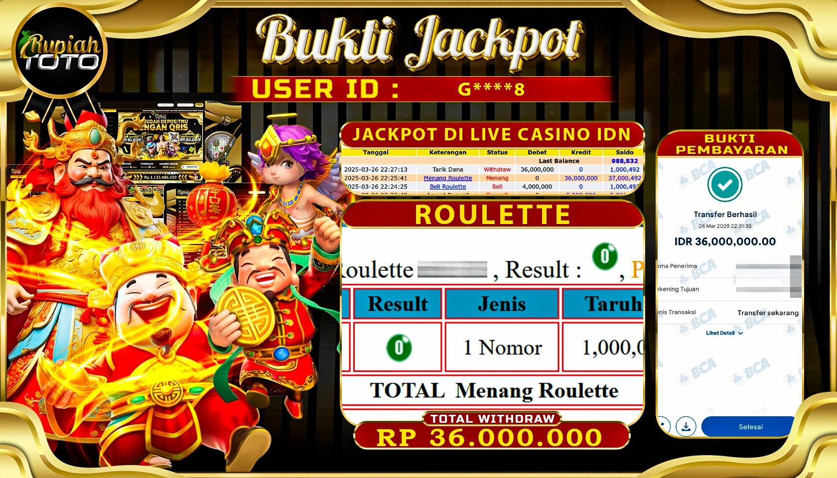 RUPIAHTOTO JACKPOT DI LIVE CASINO IDN GAMES ROULETTE RP 36.000.000 JUTA RUPIAH LUNAS