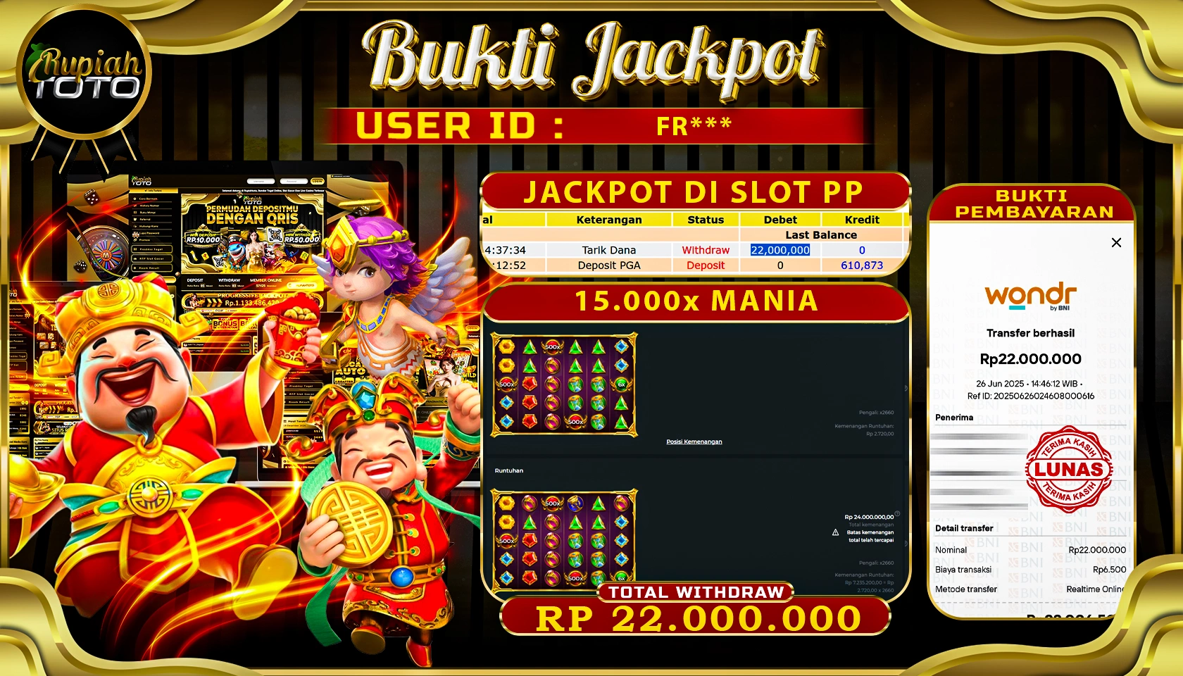 RUPIAHTOTO JACKPOT DI SLOT PRAGMATICPLAY GAME 15.000 X MANIA RP 22.000.000 JUTA RUPIAH LUNAS