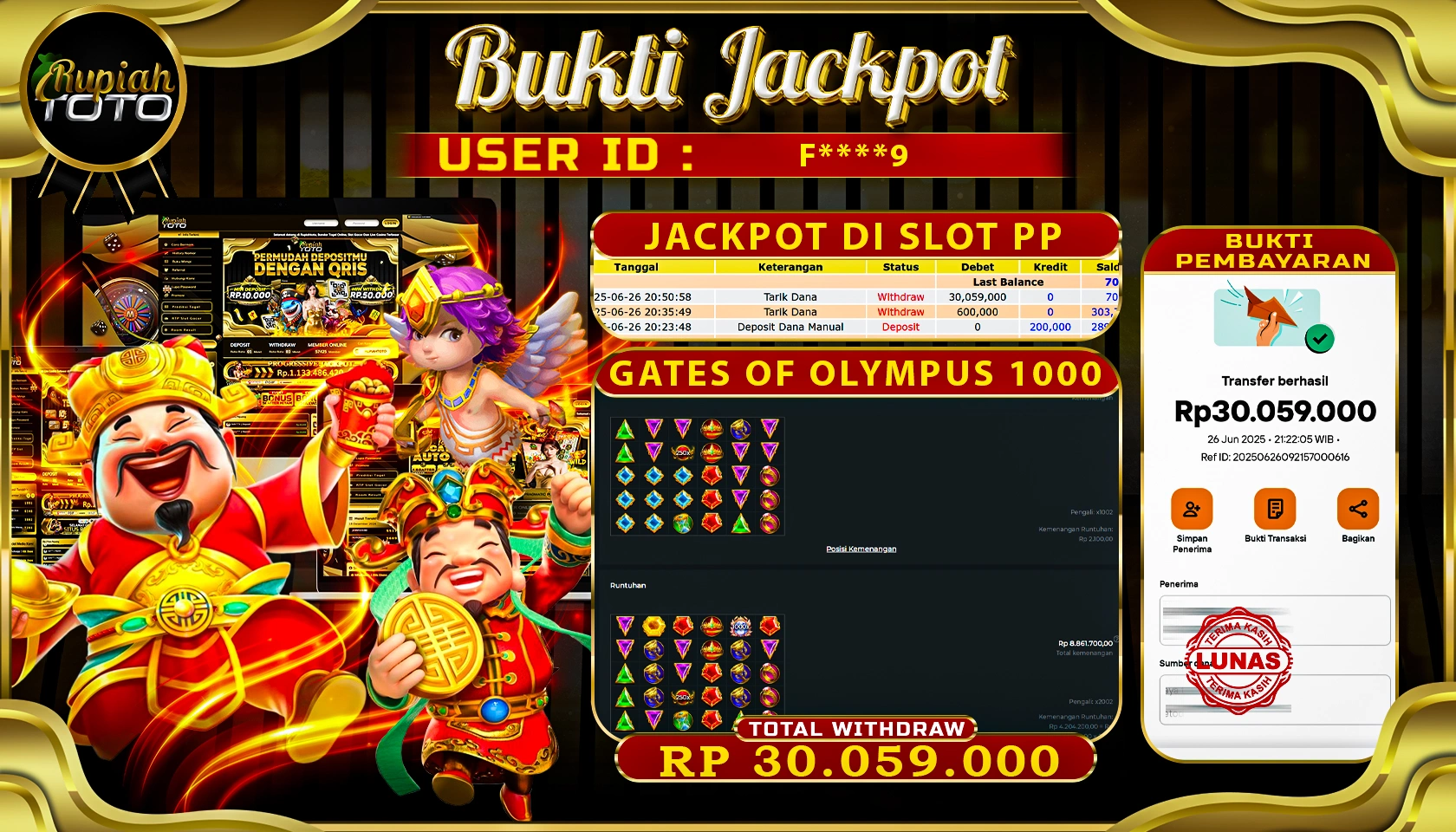 RUPIAHTOTO JACKPOT DI SLOT PRAGMATICPLAY GAME GATES OF OLYMPUS 1000 RP 30.059.000 JUTA RUPIAH LUNAS