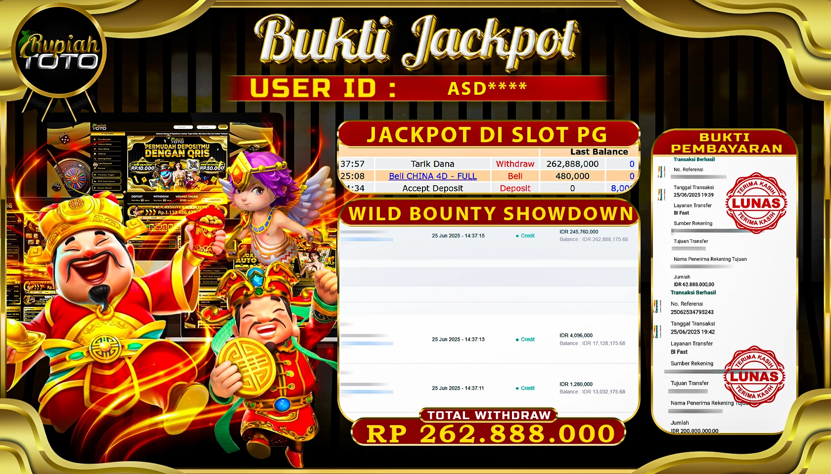 RUPIAHTOTO JACKPOT DI SLOT PG SOFT GAMES WILD BOUNTY SHOWDOWN RP 262.888.000 JUTA RUPIAH LUNAS
