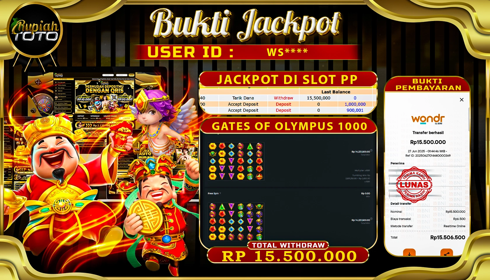 RUPIAHTOTO JACKPOT DI SLOT PRAGMATICPLAY GAME GATES OF OLYMPUS 1000 RP 15.500.000 JUTA RUPIAH LUNAS
