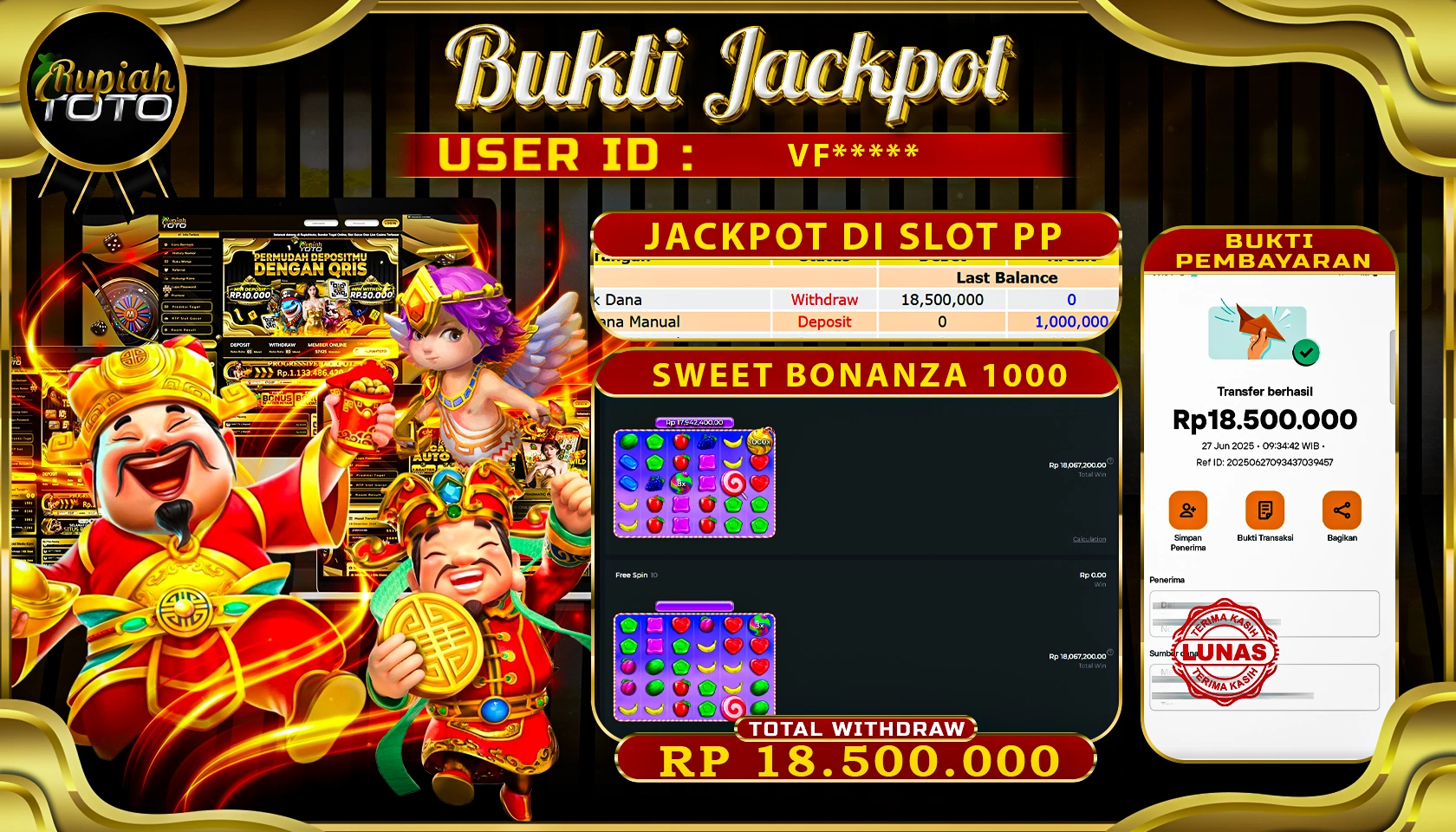 RUPIAHTOTO JACKPOT DI SLOT PRAGMATICPLAY GAME GATES OF OLYMPUS 1000 RP 15.500.000 JUTA RUPIAH LUNAS