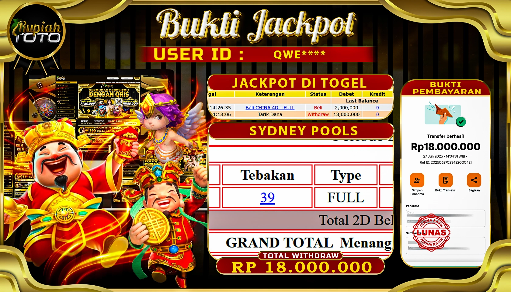 RUPIAHTOTO JACKPOT DI TOGEL PASARAN SYDNEY LOTTO RP 18.000.000 JUTA RUPIAH LUNAS
