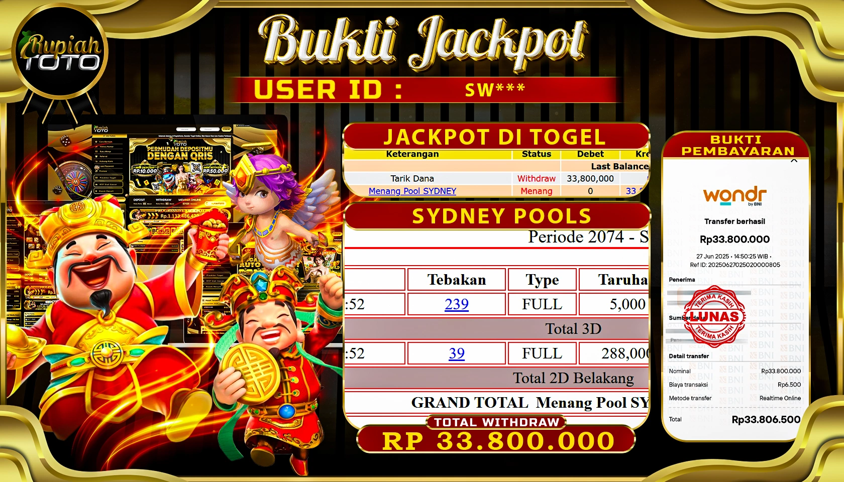 RUPIAHTOTO JACKPOT DI TOGEL PASARAN SYDNEY LOTTO RP 33.800.000 JUTA RUPIAH LUNAS