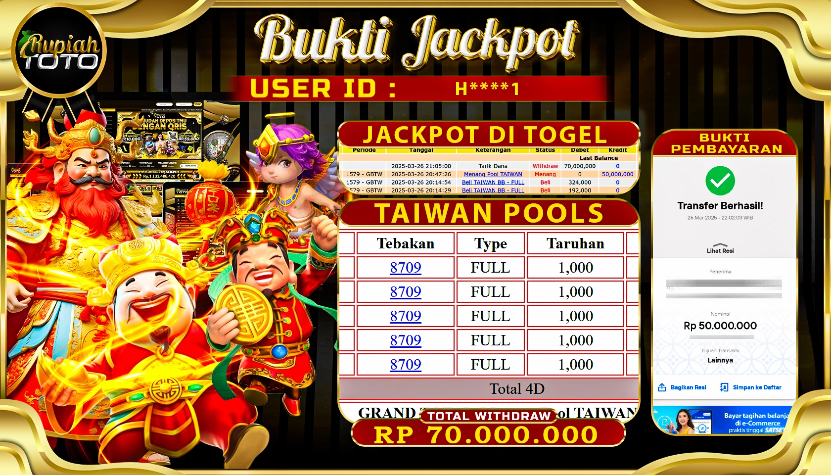 RUPIAHTOTO JACKPOT DI TOGEL PASARAN TAIWAN POOLS RP 70.000.000 JUTA RUPIAH LUNAS