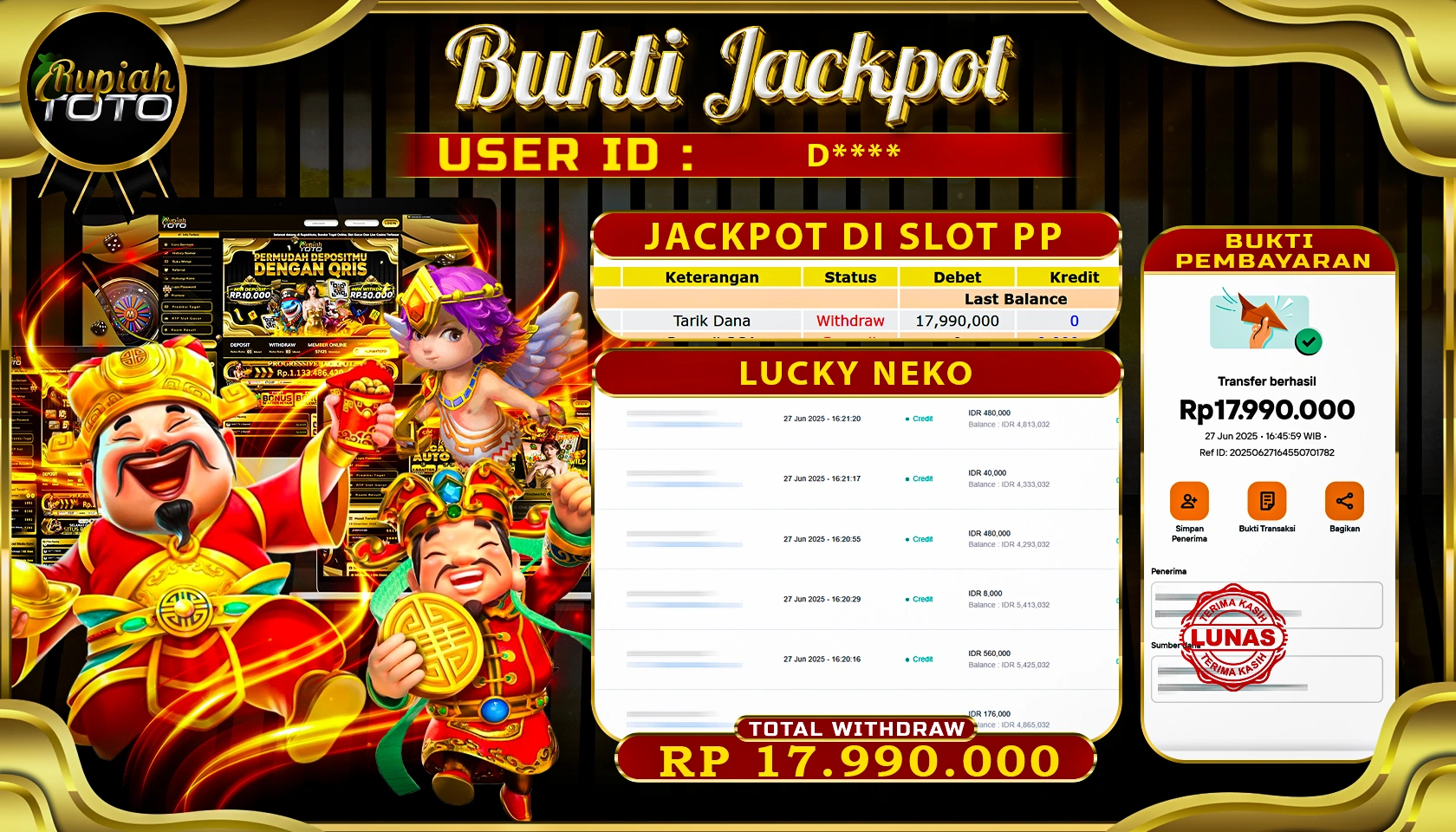 RUPIAHTOTO JACKPOT DI SLOT PRAGMATICPLAY GAME LUCKY NEKO RP 17.990.000 JUTA RUPIAH LUNAS