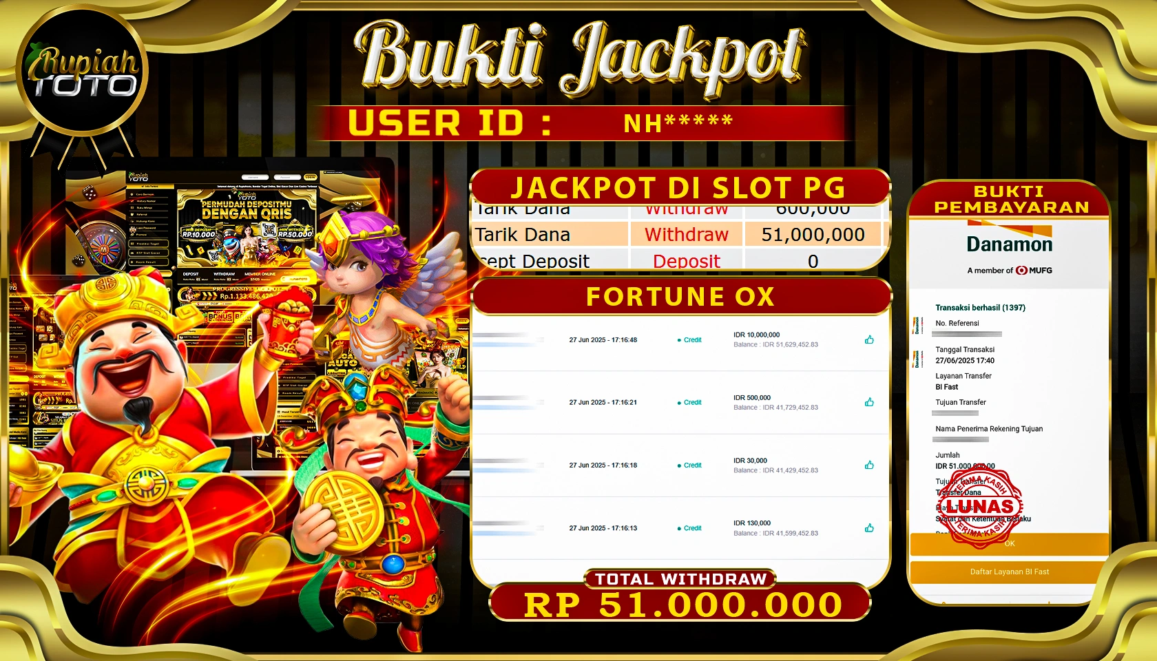 RUPIAHTOTO JACKPOT DI SLOT PG SOFT GAMES FORTUNE OX  RP 51.000.000 JUTA RUPIAH LUNAS
