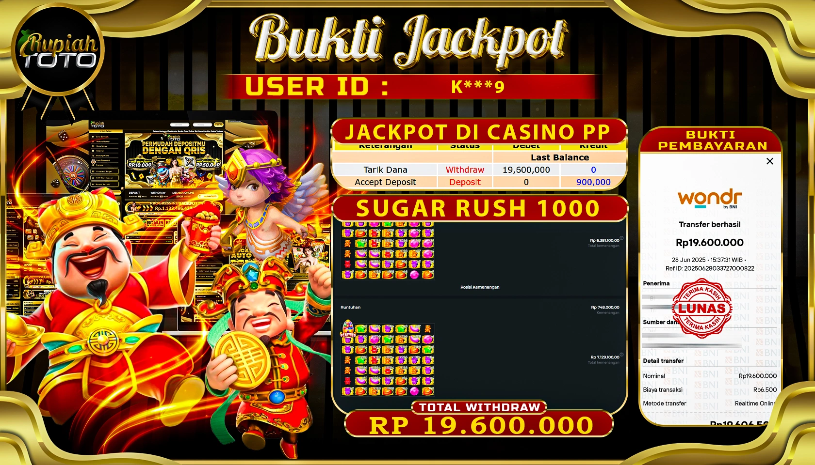 RUPIAHTOTO JACKPOT DI CASINO PRAGMATICPLAY GAME SUGAR RUSH 1000 RP 19.600.000 JUTA RUPIAH LUNAS