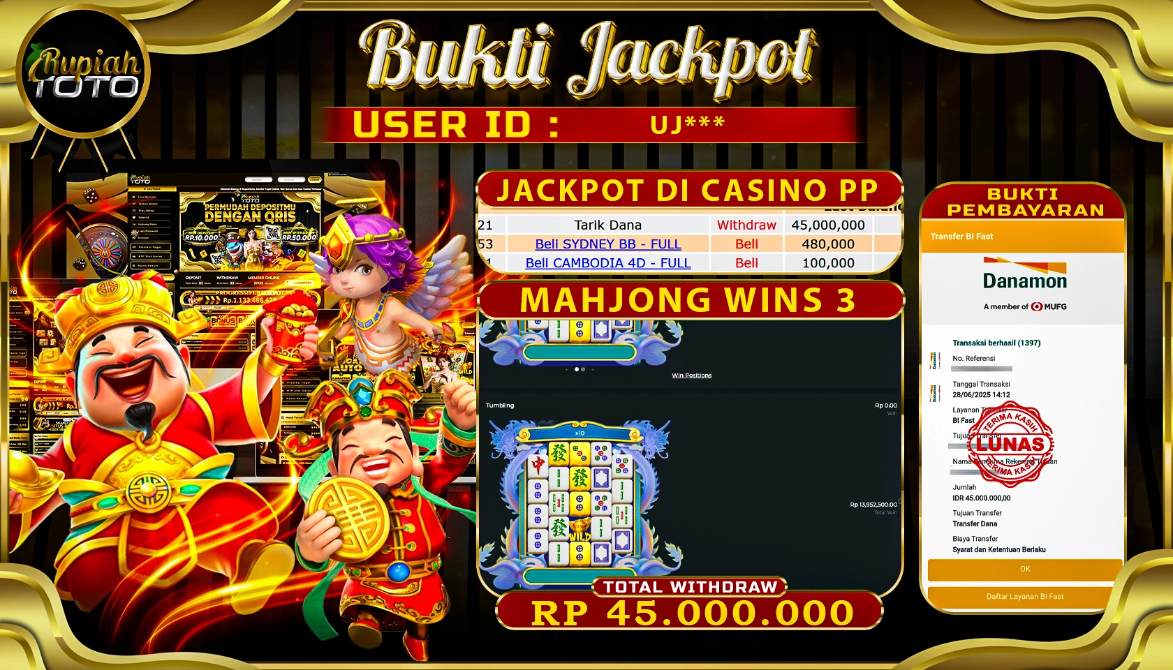 RUPIAHTOTO JACKPOT DI CASINO PRAGMATICPLAY GAME MAHJONG WINS 3 RP 45.000.000 JUTA RUPIAH LUNAS