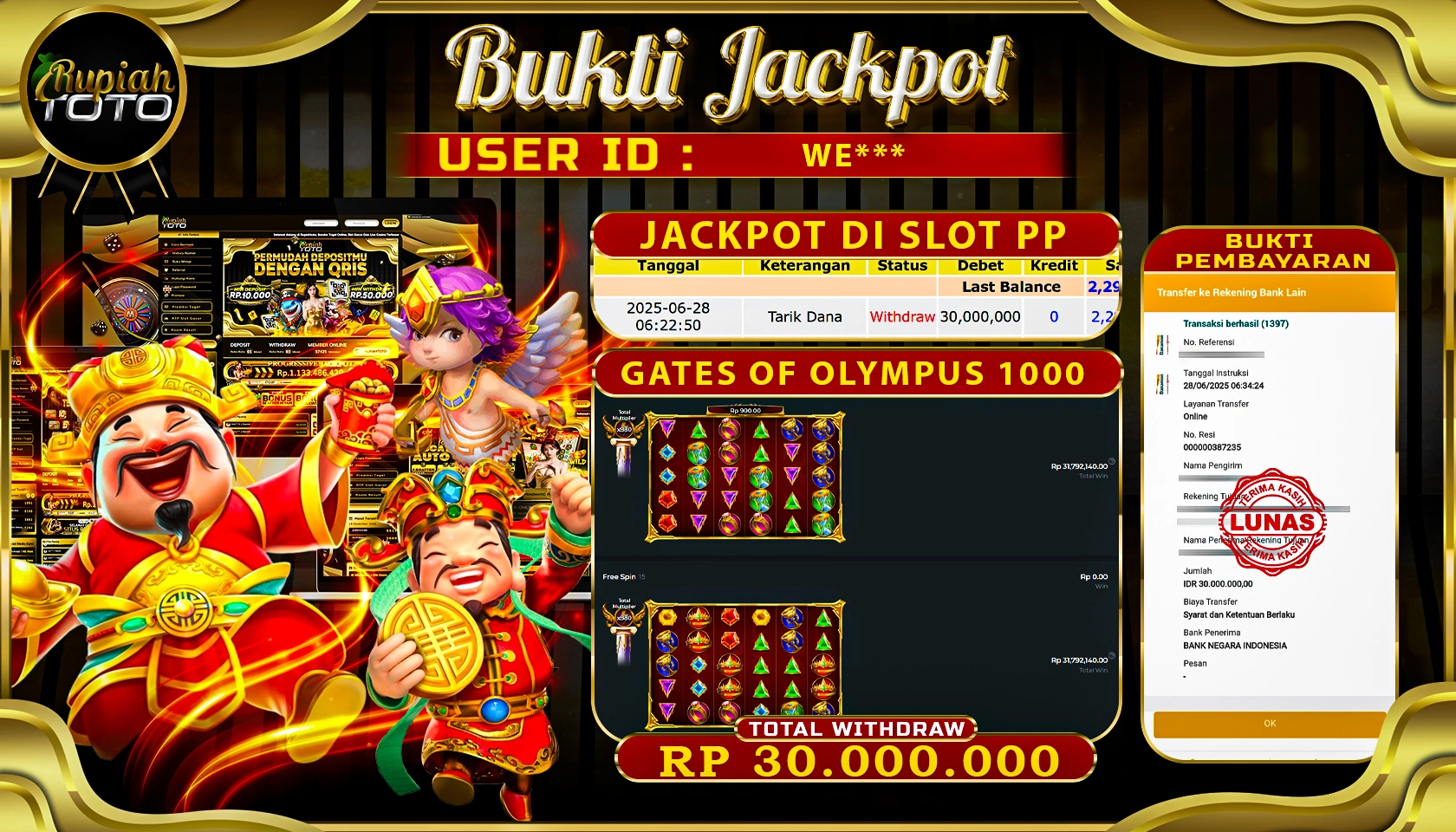 RUPIAHTOTO JACKPOT DI SLOT PRAGMATICPLAY GAME GATES OF OLYMPUS 1000 RP 30.000.000 JUTA RUPIAH LUNAS