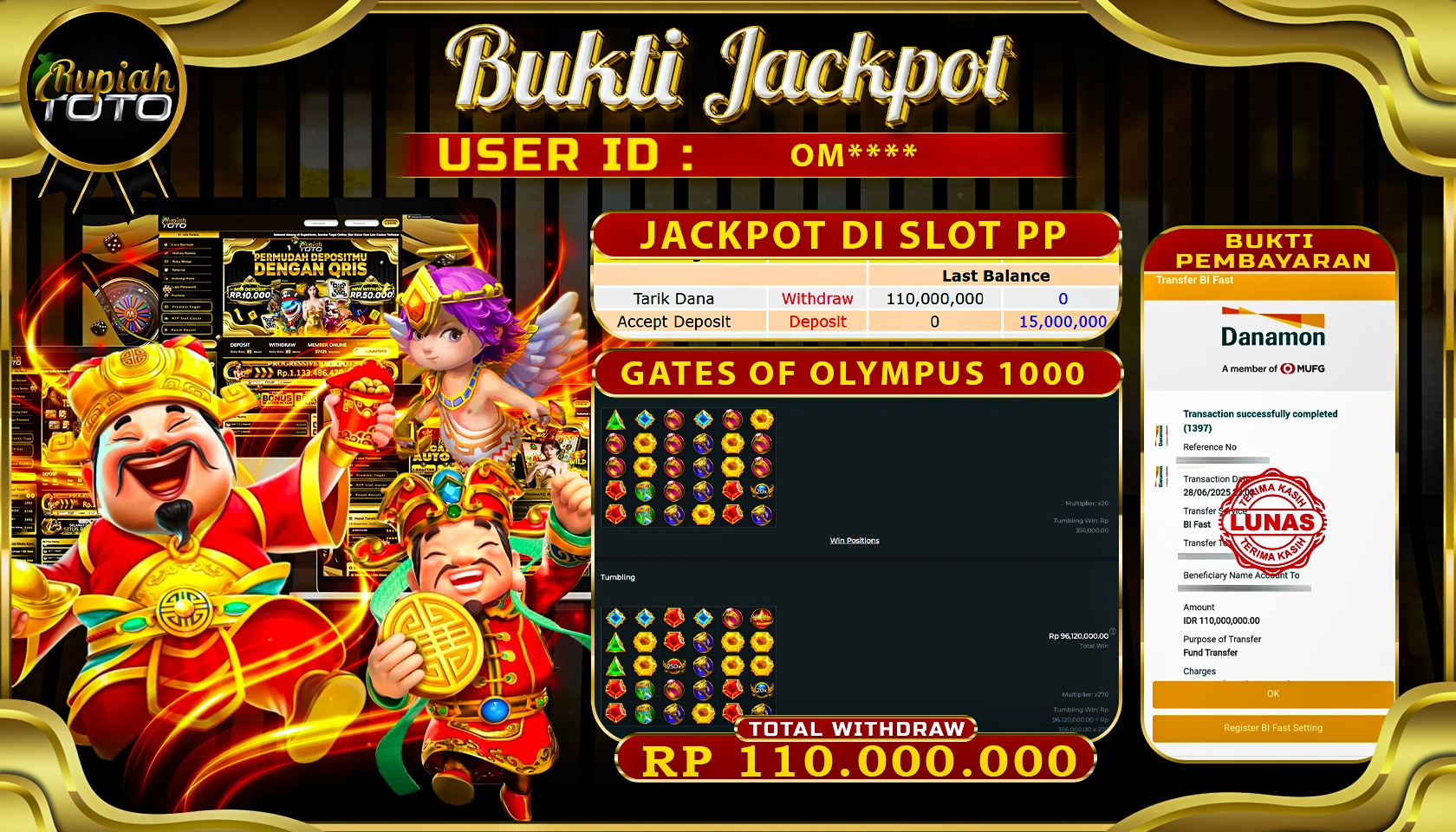 RUPIAHTOTO JACKPOT DI SLOT PRAGMATICPLAY GAME GATES OF OLYMPUS 1000 RP 110.000.000 JUTA RUPIAH LUNAS