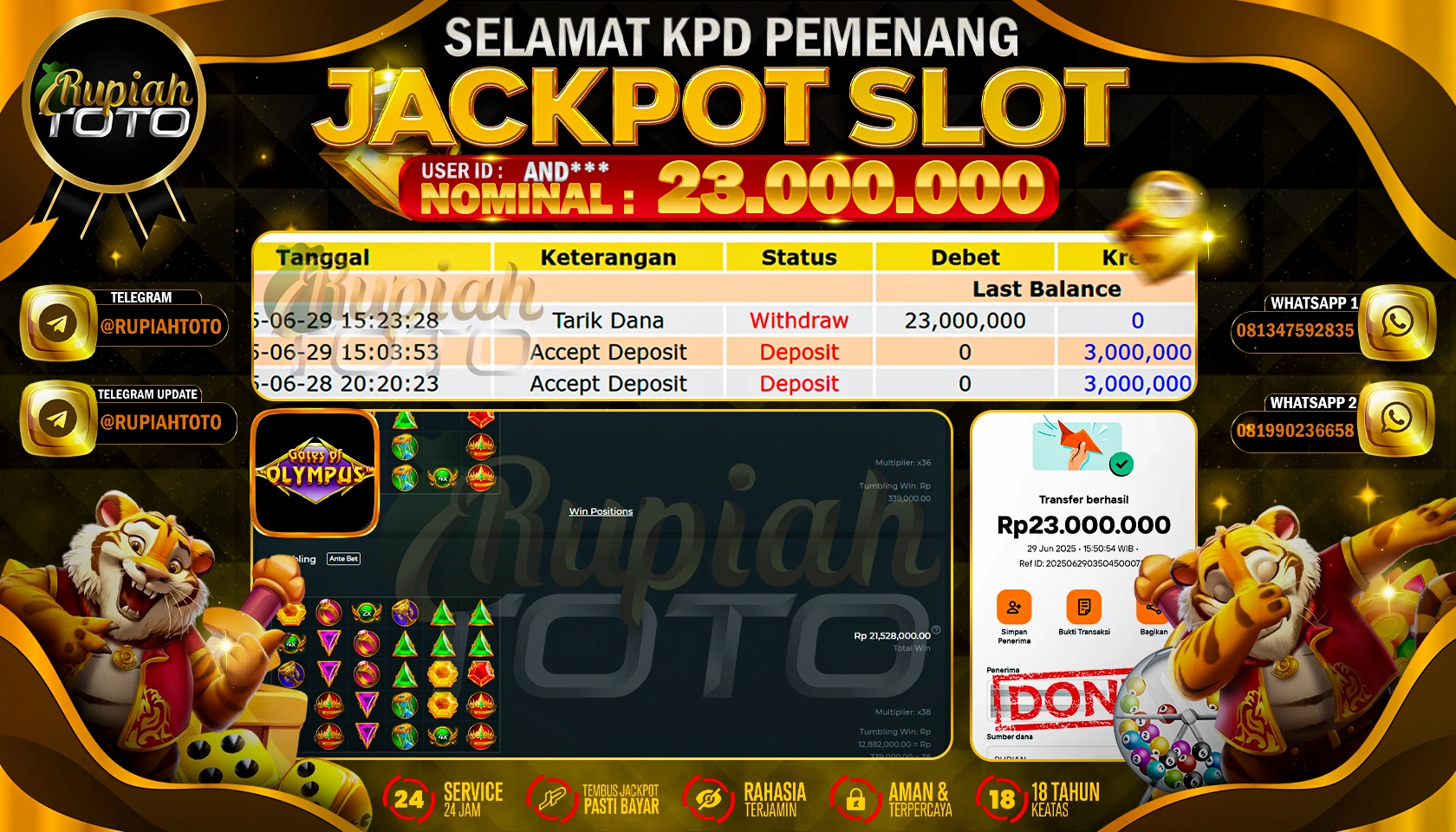 RUPIAHTOTO JACKPOT SLOT DI PRAGMATIC PLAY GAMES GATES OF OLYMPUS  RP 23.000.000 JUTA RUPIAH LUNAS