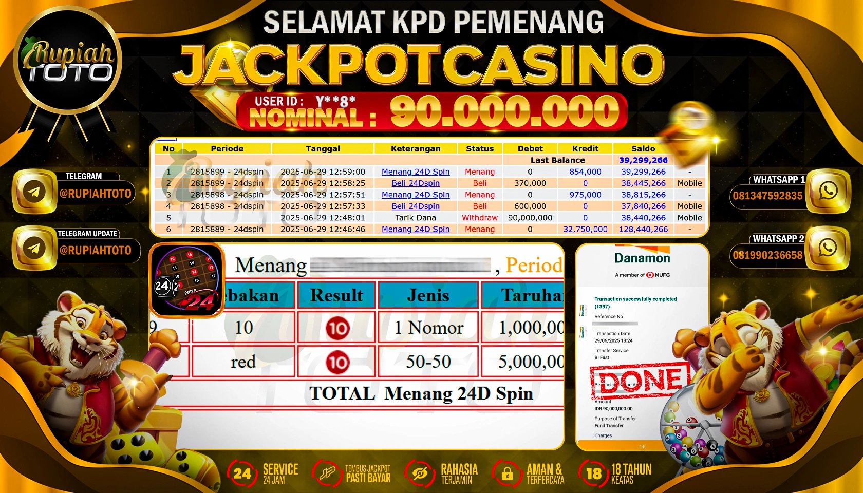 RUPIAHTOTO JACKPOT DI CASINO GAMES 24 SPIN  RP 90.000.000 JUTA RUPIAH LUNAS