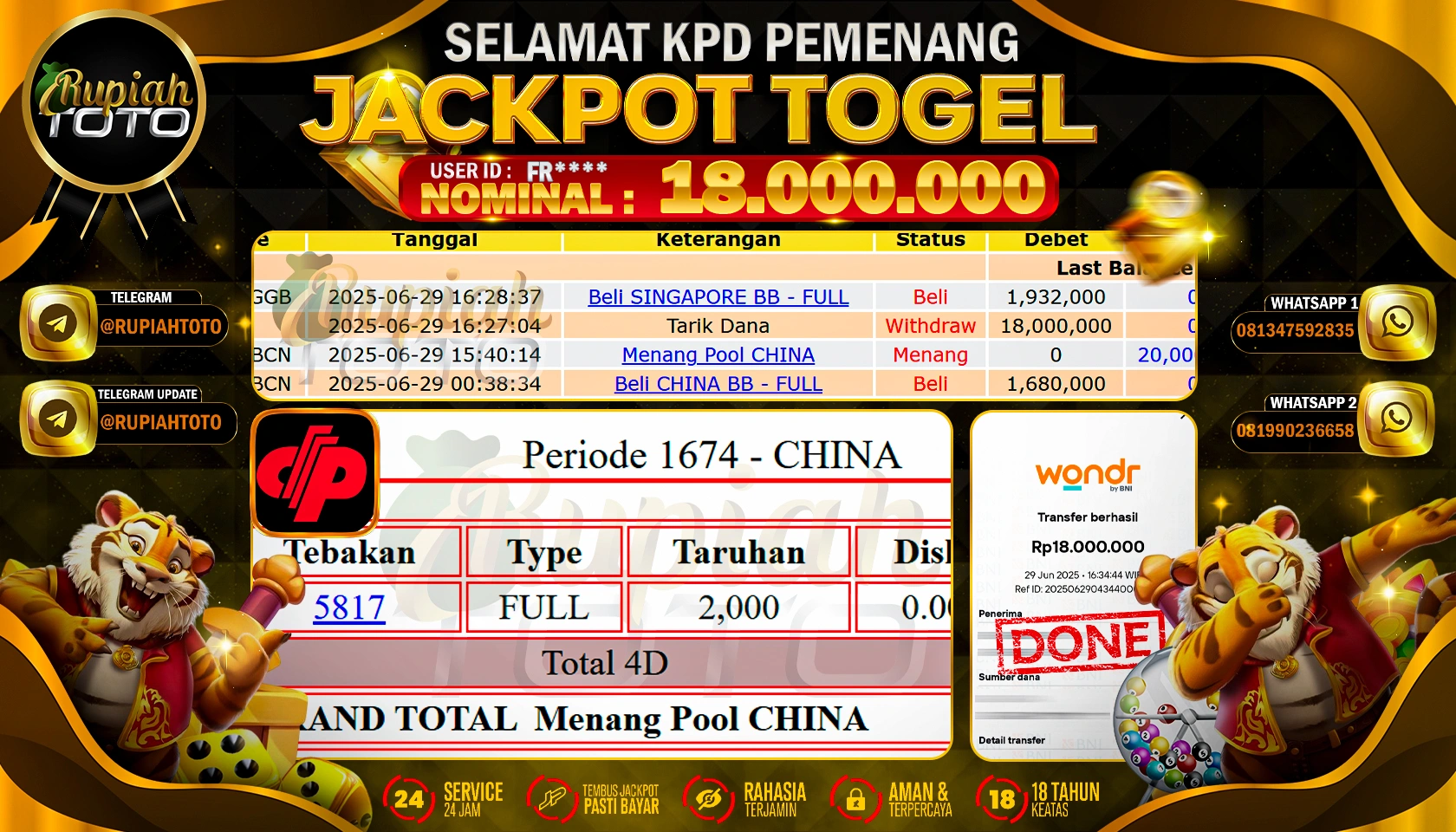 RUPIAHTOTO JACKPOT DI  TOGEL PASARAN CHINA POOLS  RP 18.000.000 JUTA RUPIAH LUNAS