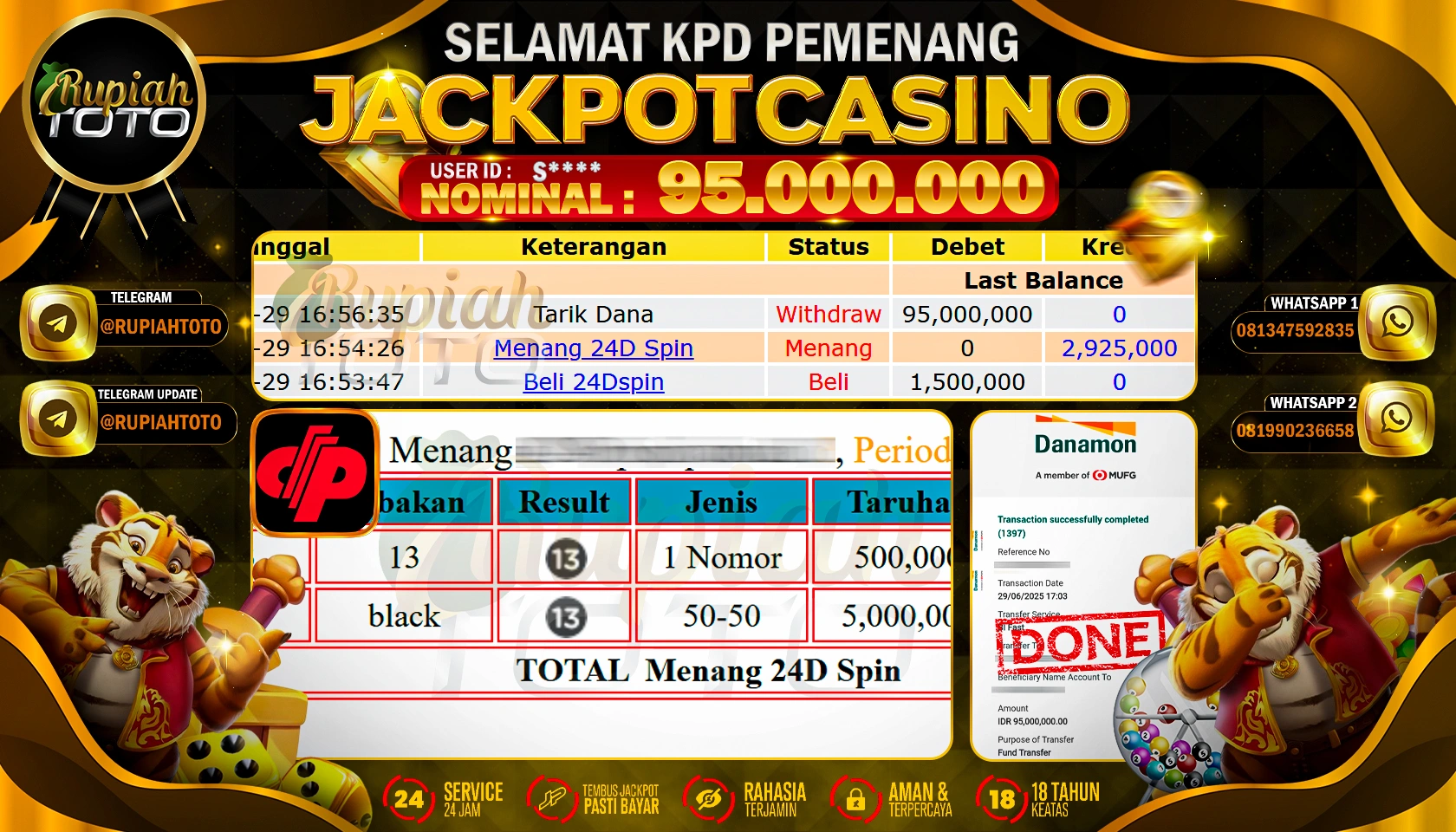 RUPIAHTOTO JACKPOT DI CASINO GAMES 24 SPIN  RP 95.000.000 JUTA RUPIAH LUNAS