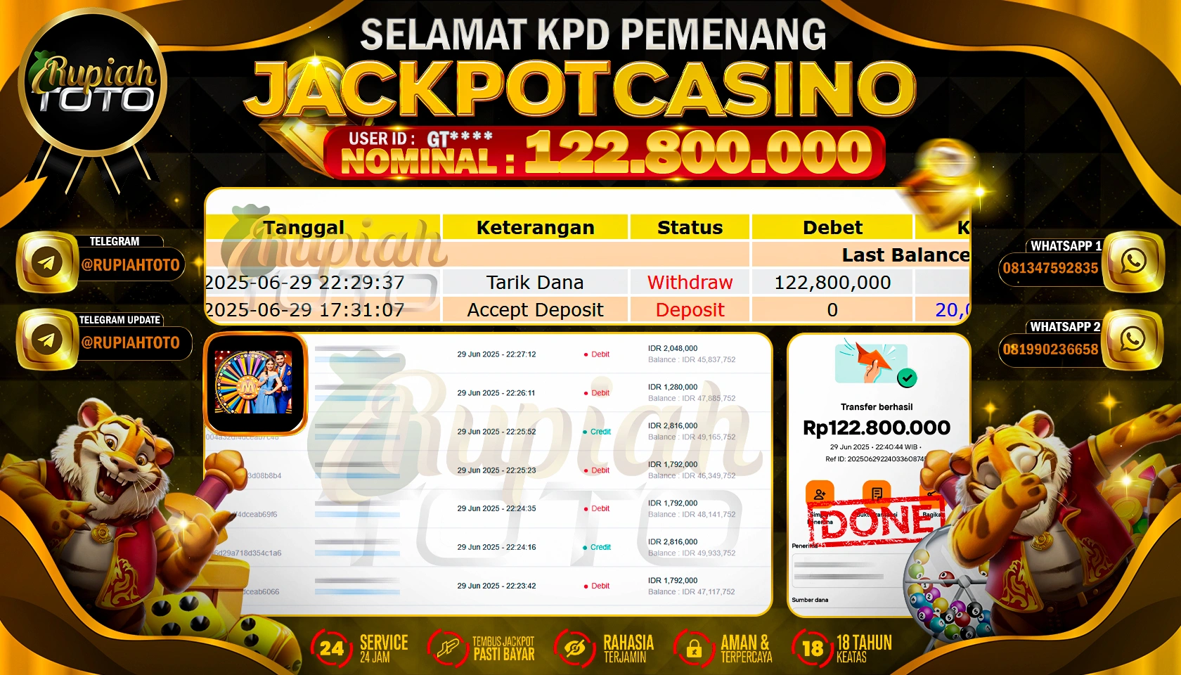RUPIAHTOTO JACKPOT DI lIVE CASINO MEGAWHELL  RP 122.800.000 JUTA RUPIAH LUNAS