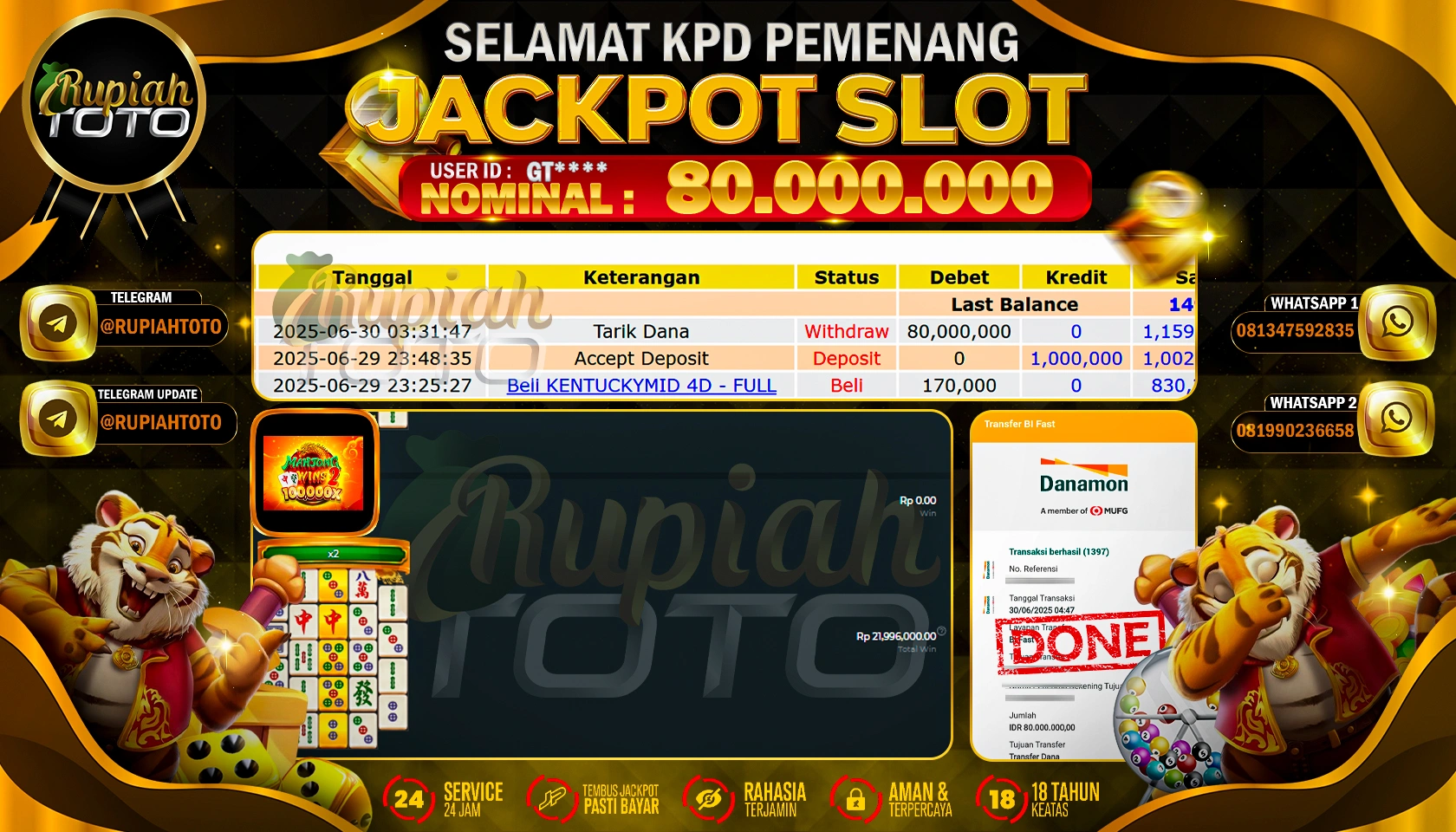 RUPIAHTOTO JACKPOT SLOT DI PRAGMATIC PLAY GAMES MAHJONG WINS 2  RP 80.000.000 JUTA RUPIAH LUNAS