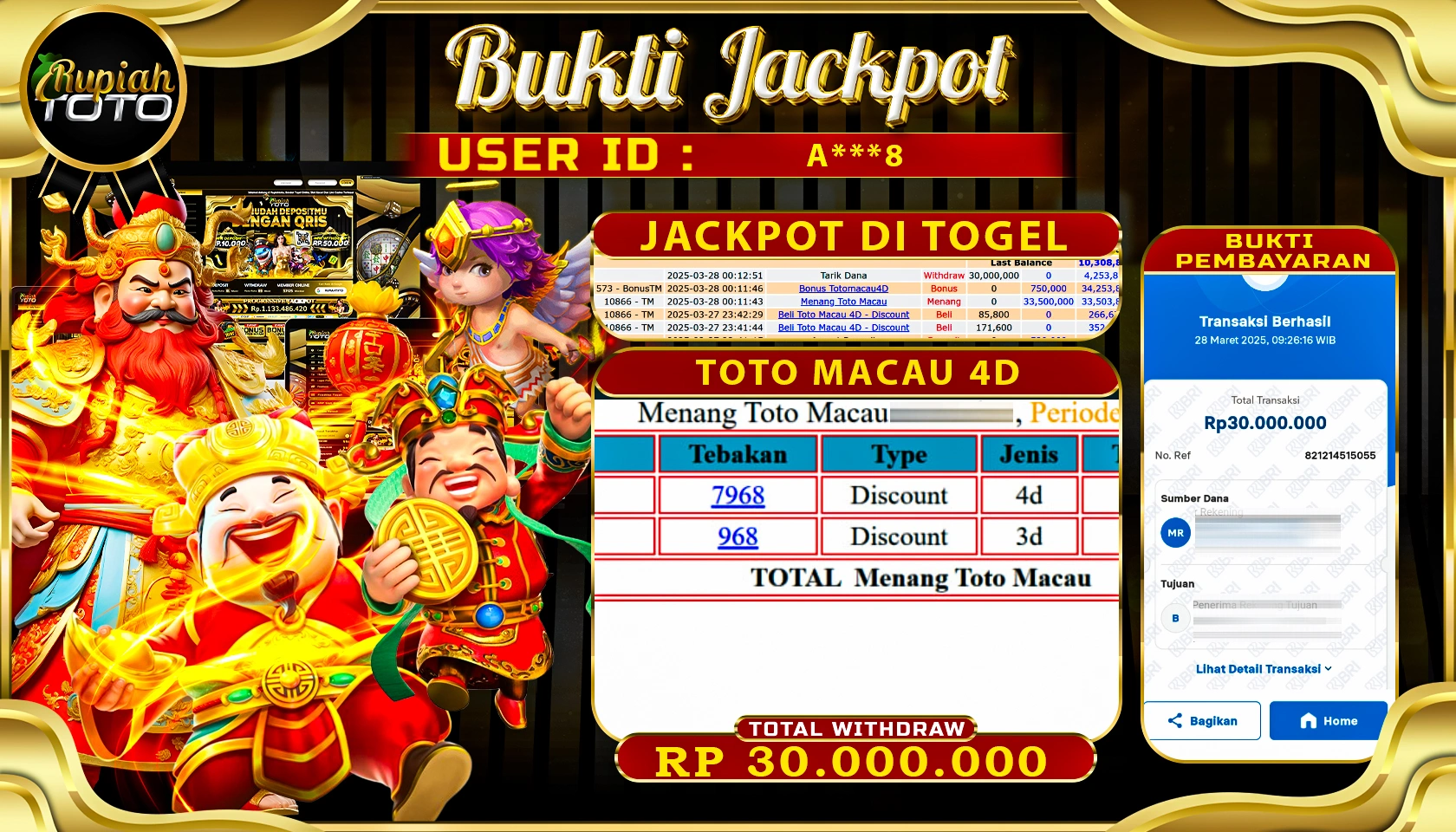 RUPIAHTOTO JACKPOT DI TOGEL PASARAN TOTOMACAU 4D RP 30.000.000 JUTA RUPIAH LUNAS
