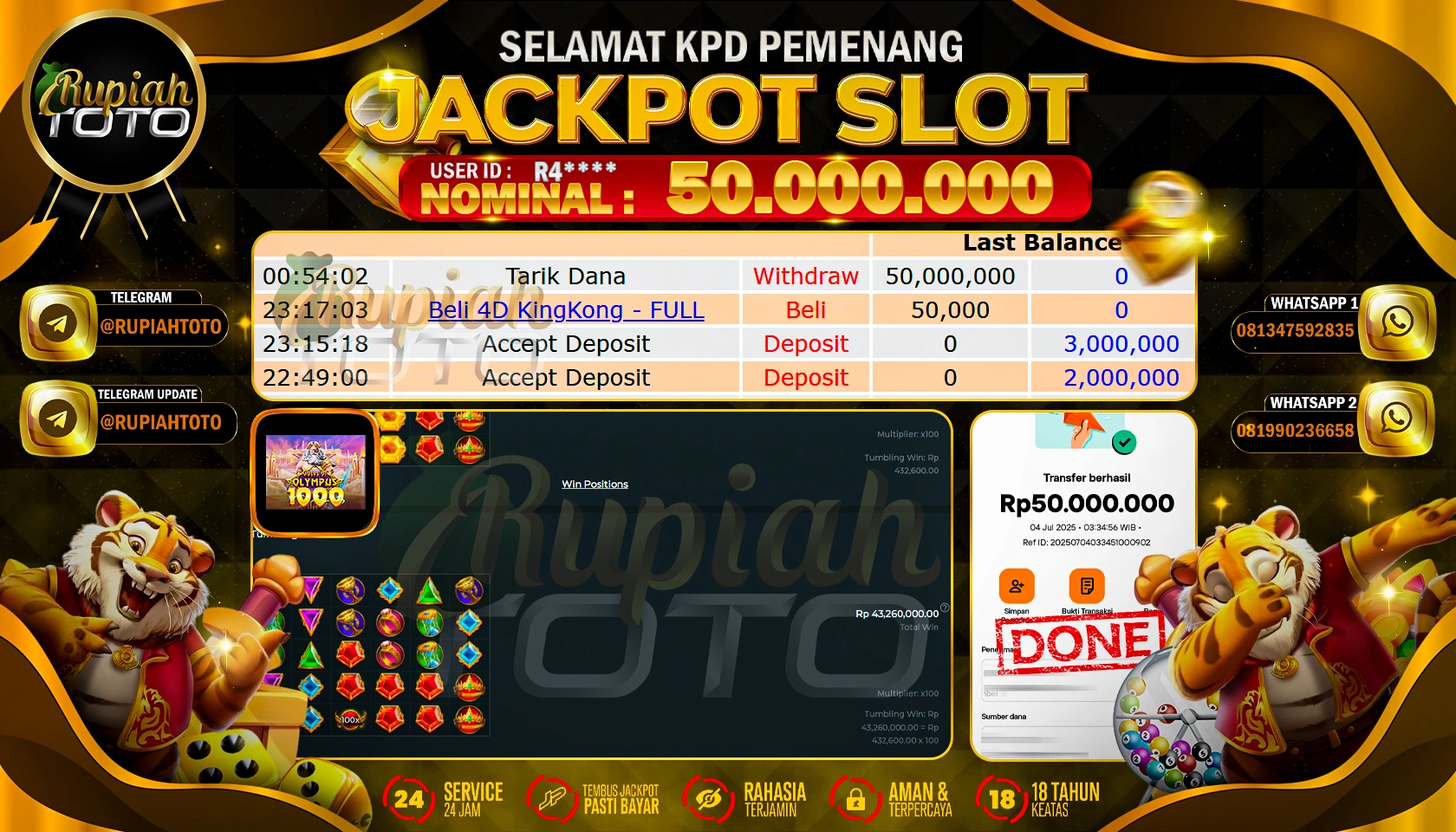 RUPIAHTOTO JACKPOT SLOT DI PRAGMATIC PLAY GAMES GATES  OF OLYMPUS 1000 RP 50.000.000 JUTA RUPIAH LUNAS