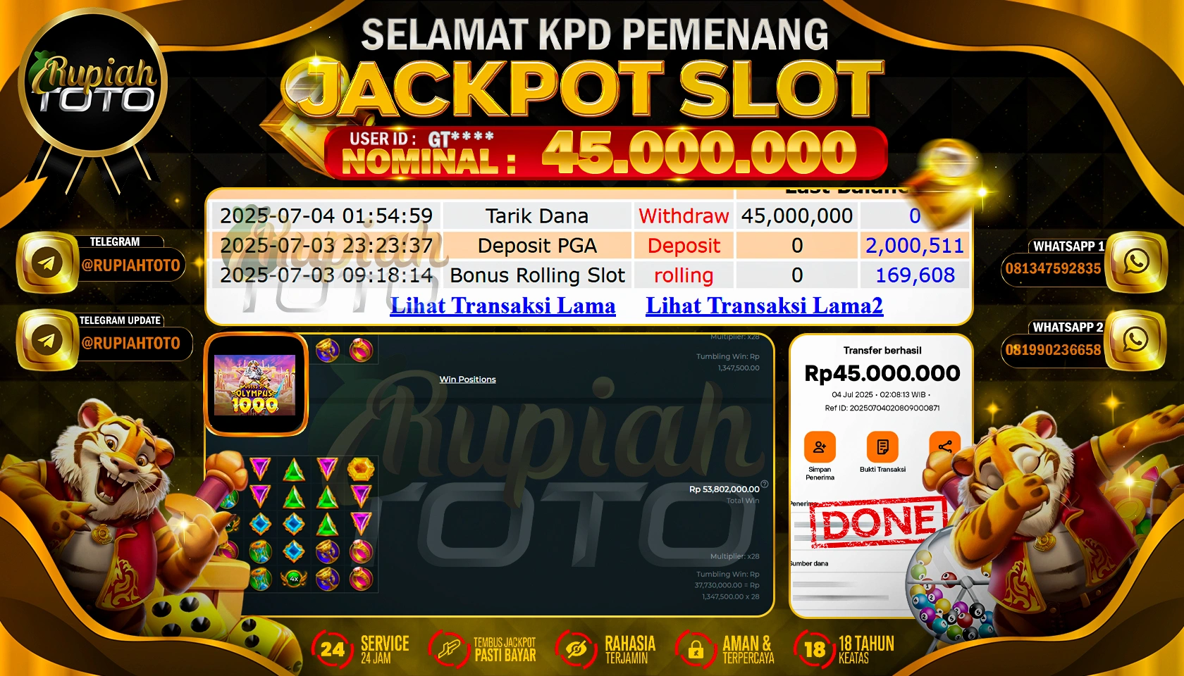 RUPIAHTOTO JACKPOT SLOT DI PRAGMATIC PLAY GAMES GATES  OF OLYMPUS 1000 RP 45.000.000 JUTA RUPIAH LUNAS