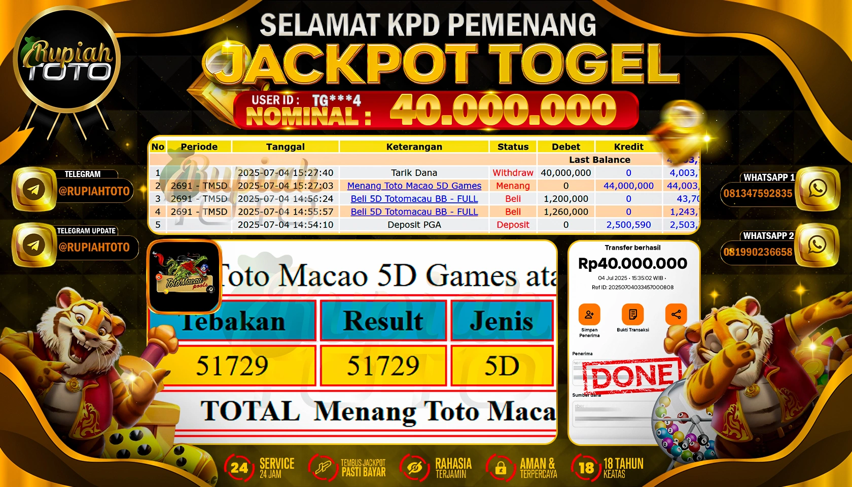 RUPIAHTOTO JACKPOT TOGEL DI PASARAN TOTOMACAU 5D RP 40.000.000 JUTA RUPIAH LUNAS