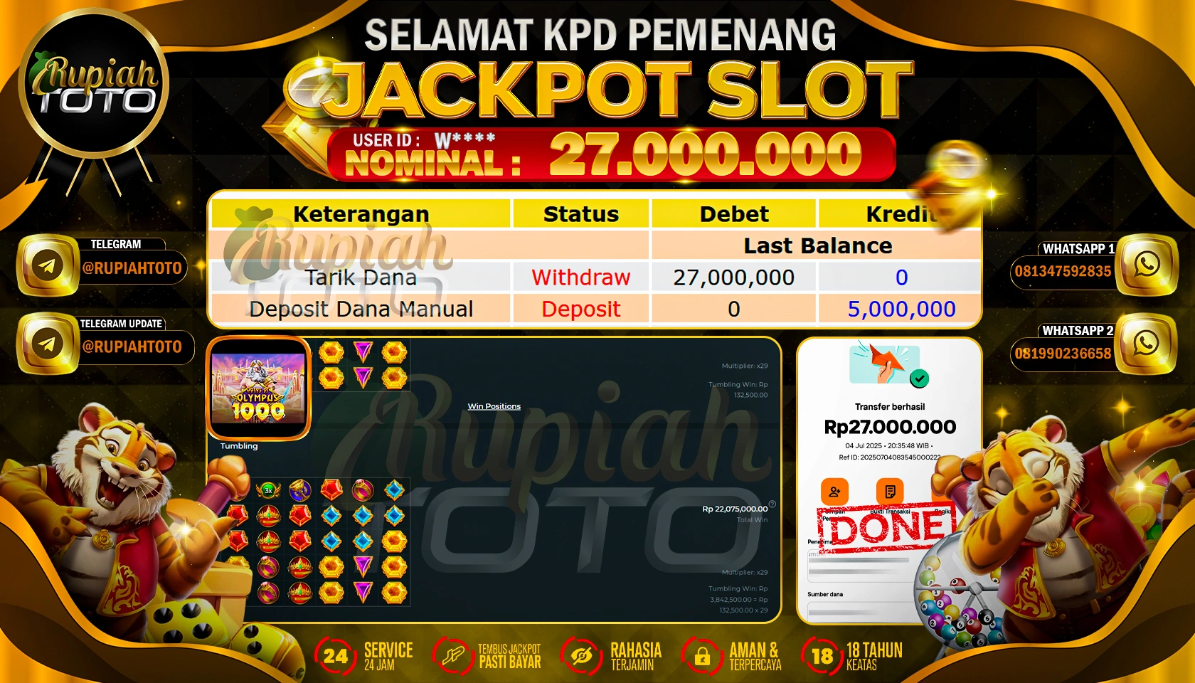 RUPIAHTOTO JACKPOT SLOT DI PRAGMATIC PLAY GAMES GATES  OF OLYMPUS 1000 RP 27.000.000 JUTA RUPIAH LUNAS