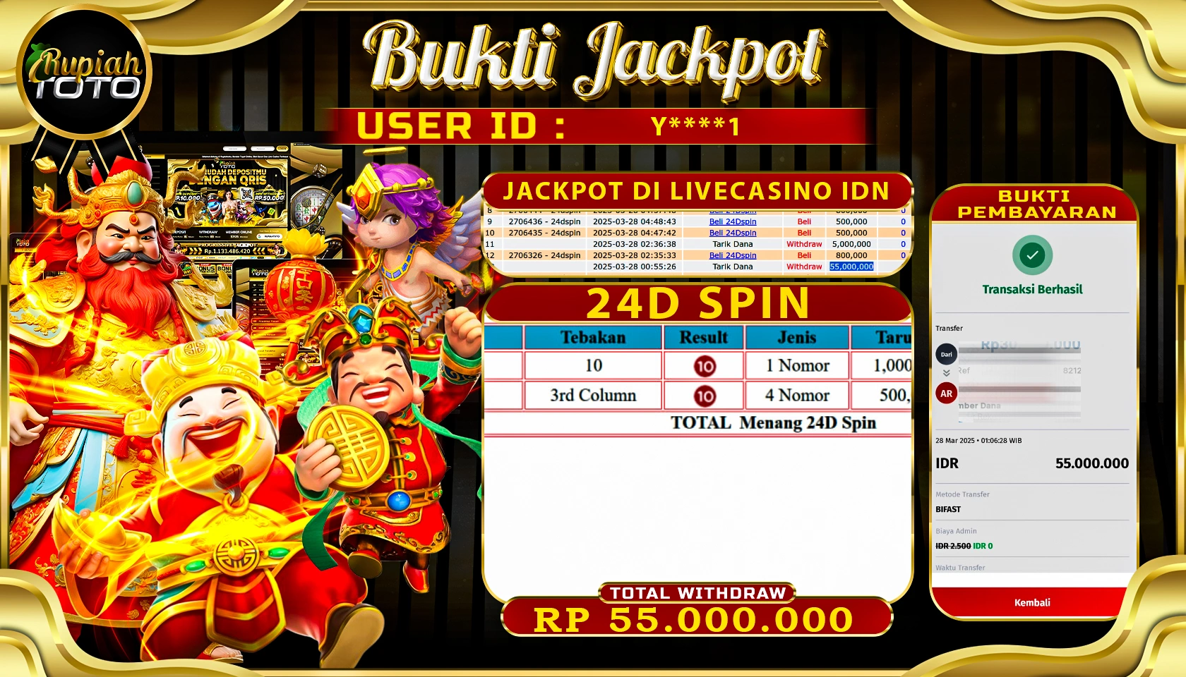 RUPIAHTOTO JACKPOT DI LIVECASINO IDN GAMES 24D SPIN RP 55.000.000  JUTA RUPIAH LUNAS