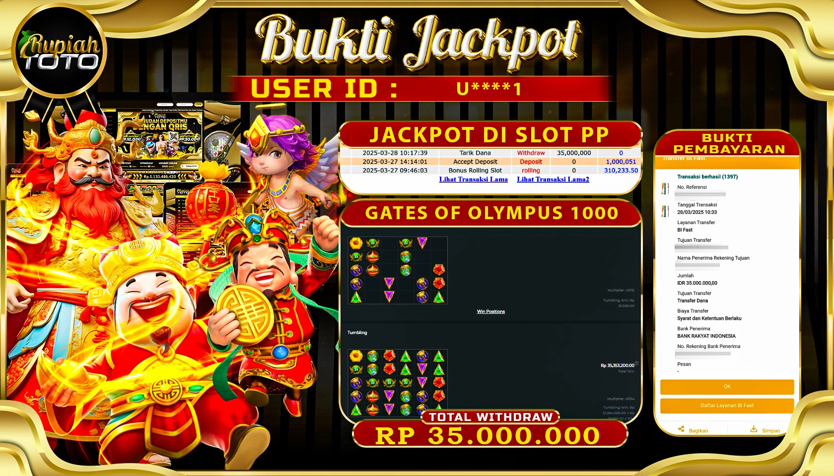 RUPIAHTOTO JACKPOT SLOT PRAGMATIC PLAY GAMES GATES OF OLYMPUS 1000 RP 35.000.000  JUTA RUPIAH LUNAS