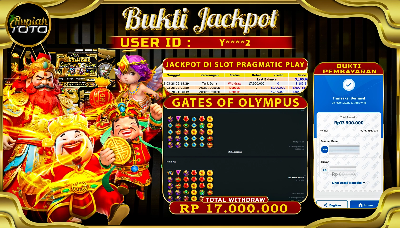 RUPIAHTOTO JACKPOT SLOT PRAGMATIC PLAY GAMES GATES OF OLYMPUS RP 17.000.000  JUTA RUPIAH LUNAS