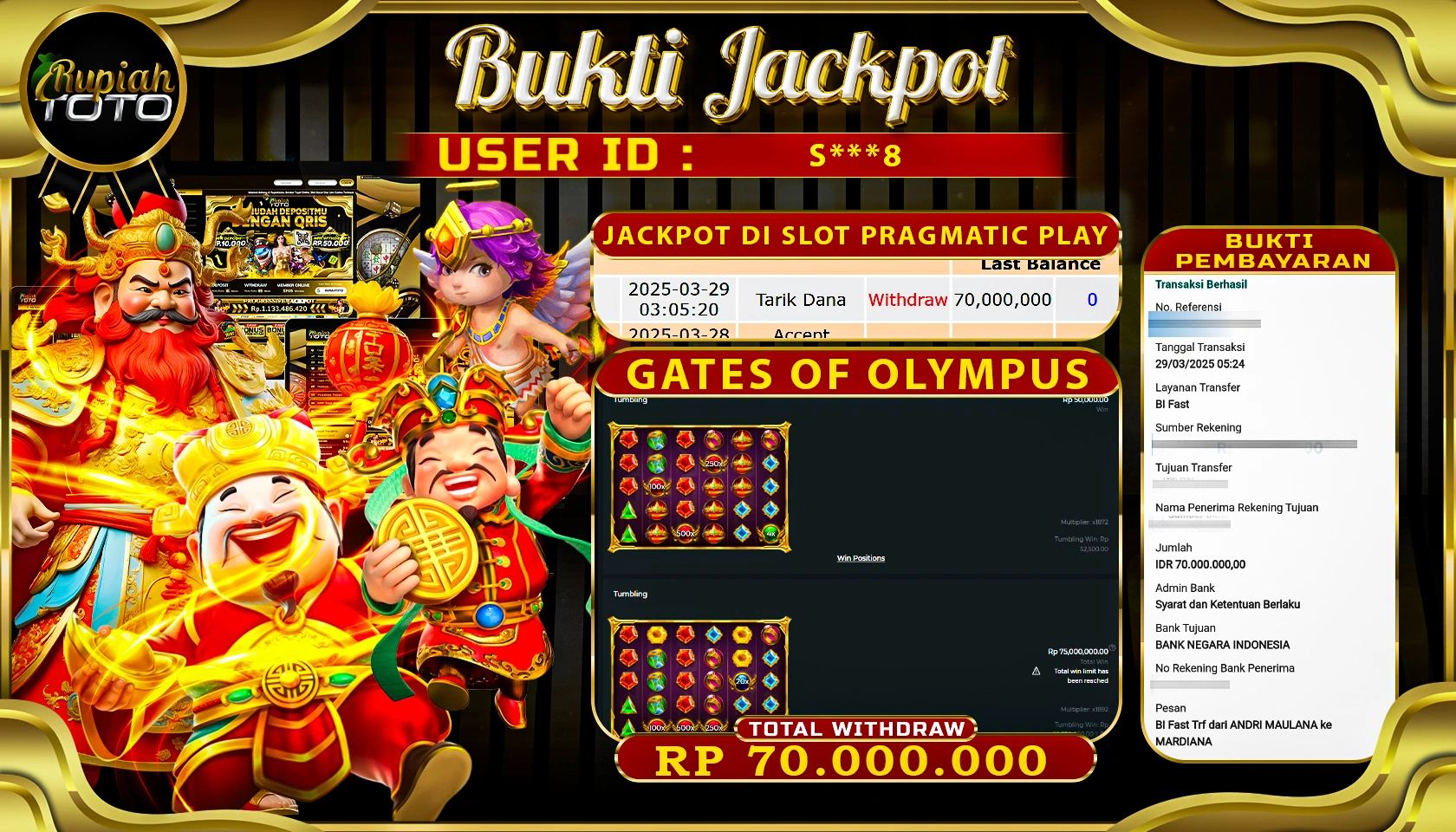 RUPIAHTOTO JACKPOT SLOT PRAGMATIC PLAY GAMES GATES OF OLYMPUS  RP 70.000.000 JUTA RUPIAH LUNAS