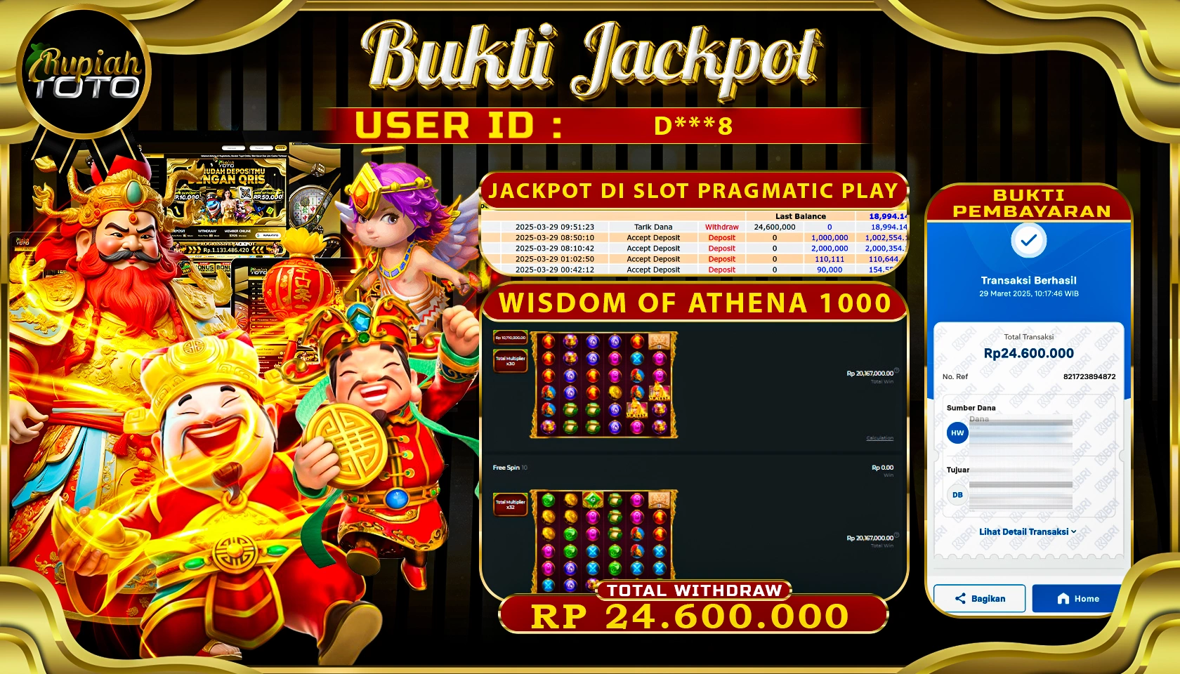 RUPIAHTOTO JACKPOT SLOT PRAGMATIC PLAY GAMES WISDOM OF ATHENA 1000 RP 24.600.000  JUTA RUPIAH LUNAS