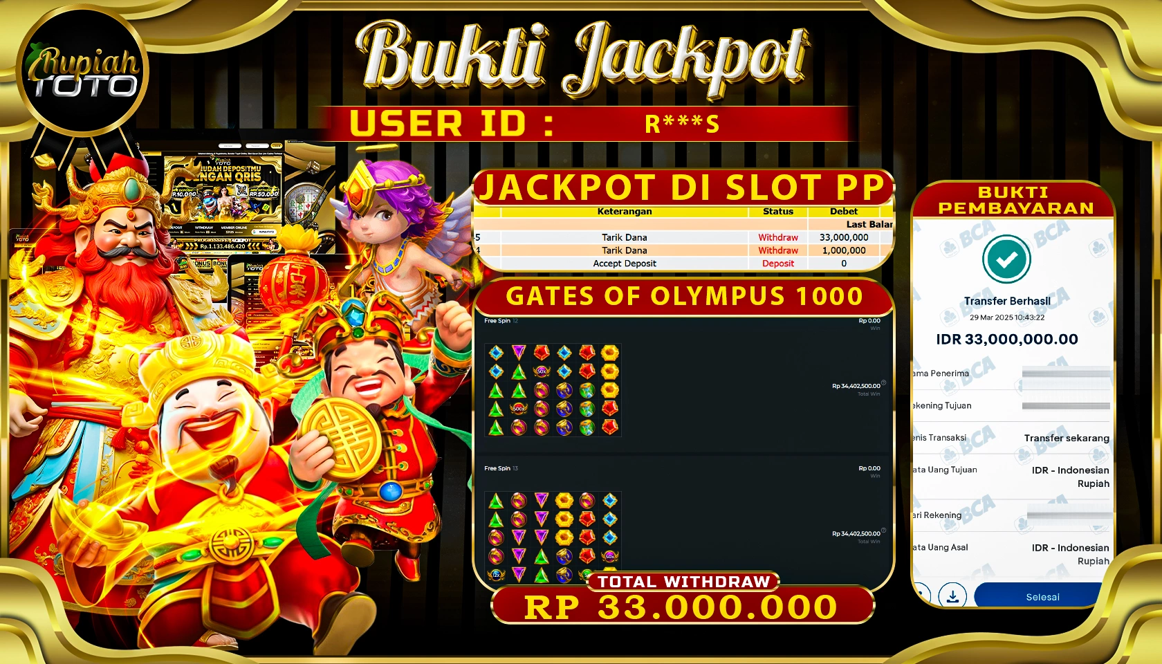 RUPIAHTOTO JACKPOT SLOT PRAGMATIC PLAY GAMES GATES OF OLYMPUS RP 33.000.000 JUTA RUPIAH LUNAS