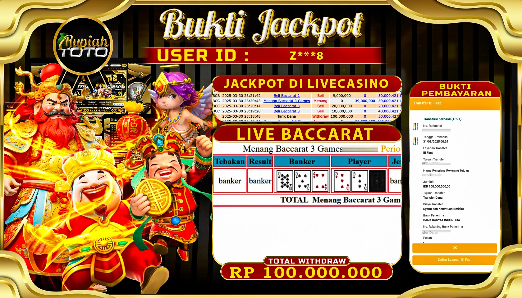 RUPIAHTOTO JACKPOT DI LIVE CASINO GAMES LIVE BACCARAT  RP 100.000.000 JUTA RUPIAH LUNAS