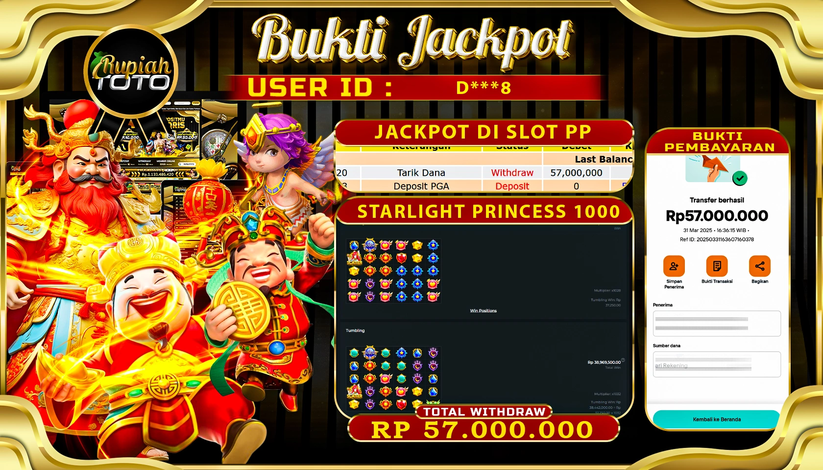 RUPIAHTOTO JACKPOT DI SLOT PRAGMATIC PLAY GAMES STARLIGHT PRINCESS 1000  RP 57.000.000 JUTA RUPIAH LUNAS