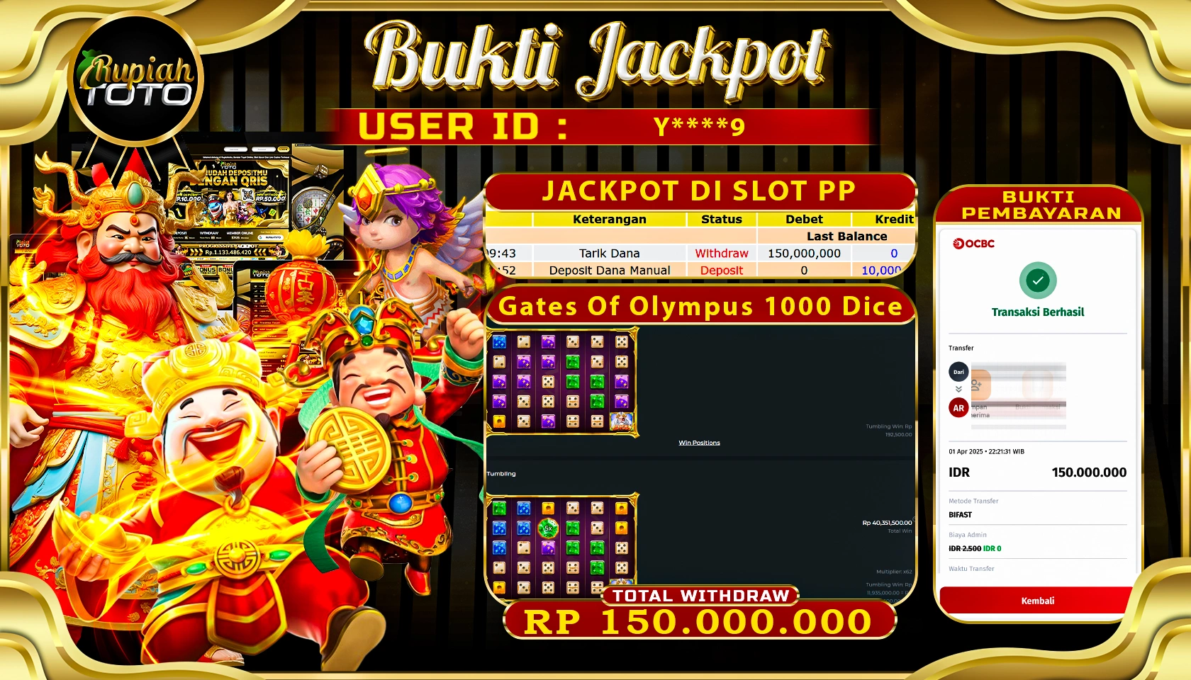 RUPIAHTOTO JACKPOT DI SLOT PRAGMATIC PLAY GAMES GATES OF OLYMPUS 1000 DICE RP 150.000.000 JUTA RUPIAH LUNAS