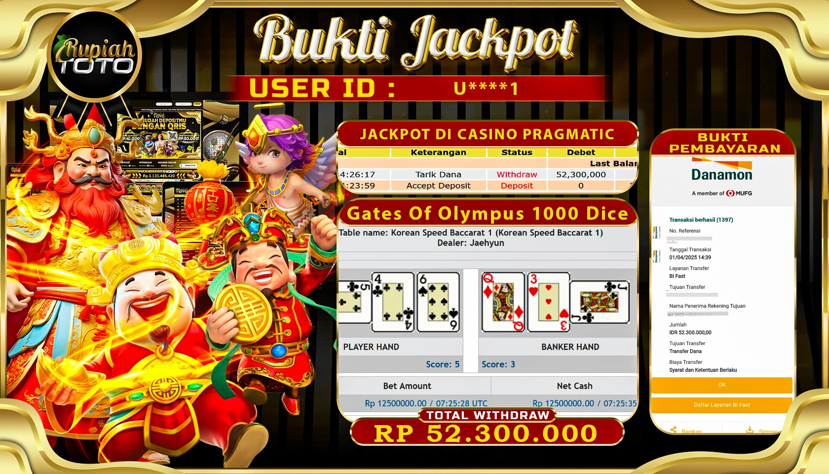 RUPIAHTOTO JACKPOT DI SLOT PRAGMATIC PLAY GAMES GATES OF OLYMPUS 1000 DICE RP 52.300.000 JUTA RUPIAH LUNAS