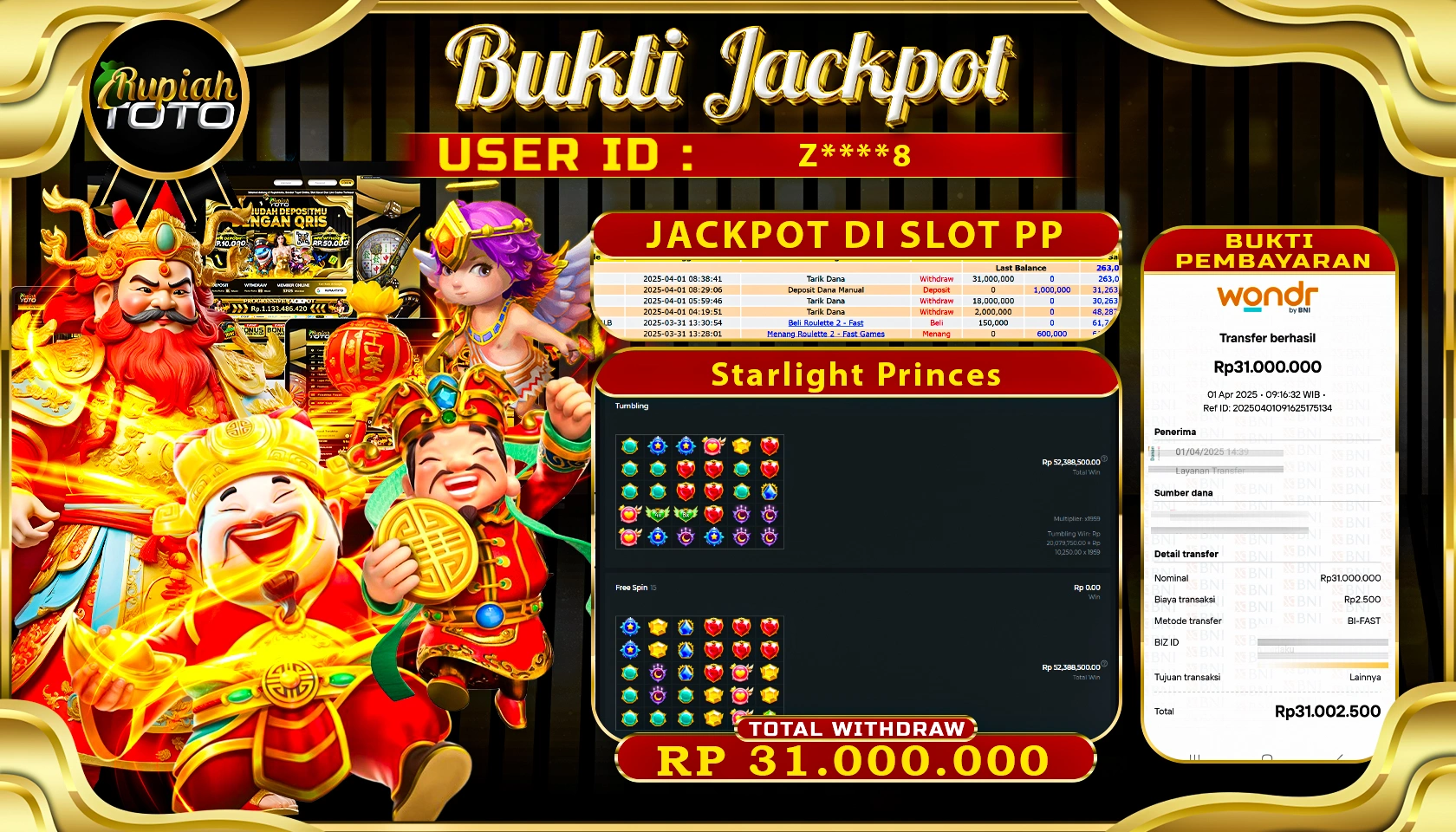RUPIAHTOTO JACKPOT DI SLOT PRAGMATIC PLAY GAMES STARLIGHT PRINCES  RP 31.000.000 JUTA RUPIAH LUNAS