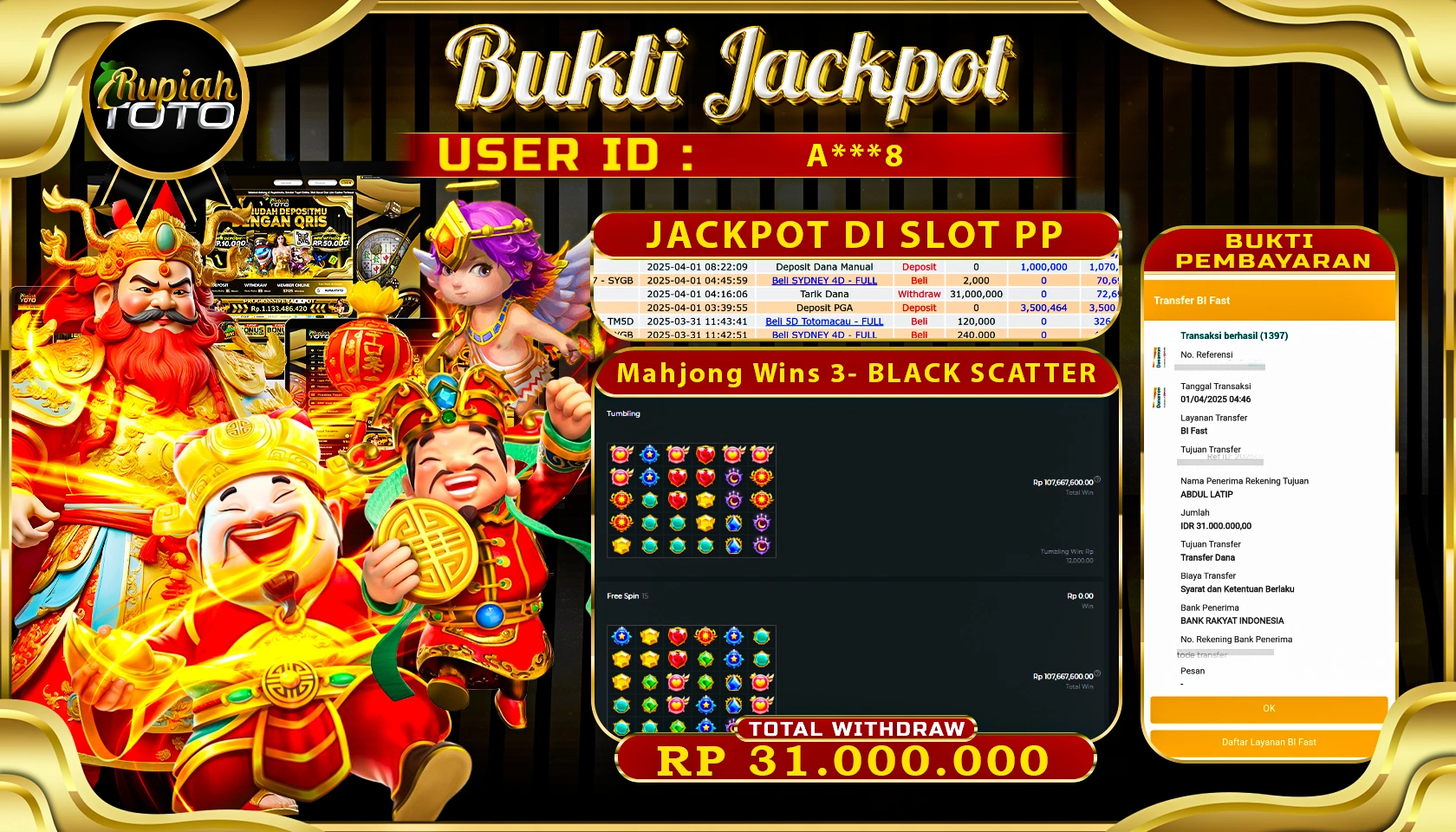 RUPIAHTOTO JACKPOT DI SLOT PRAGMATIC PLAY GAMES MAHJONG WINS 3 - BLACK SCATTER RP 31.000.000 JUTA RUPIAH LUNAS