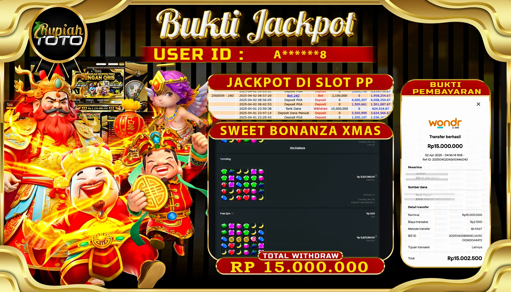 RUPIAHTOTO JACKPOT DI SLOT PRAGMATIC PLAY GAMES SWEET BONANZA XMAS  RP 15.000.000 JUTA RUPIAH LUNAS